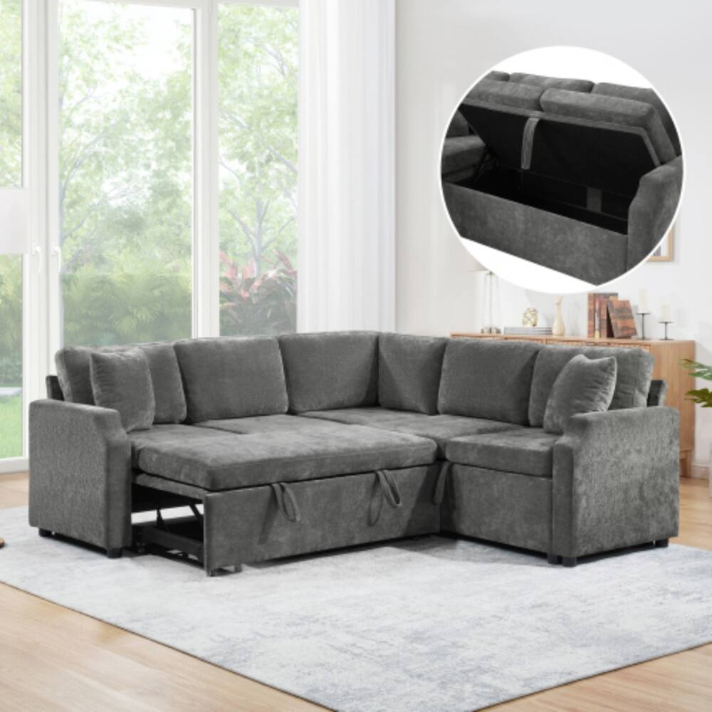 Angle. LUCKY ONE - 81.9" L-Shaped Sectional Sofa Bed w/ Pull-Out Sleeper & Hidden Storage Compartment - Gray.