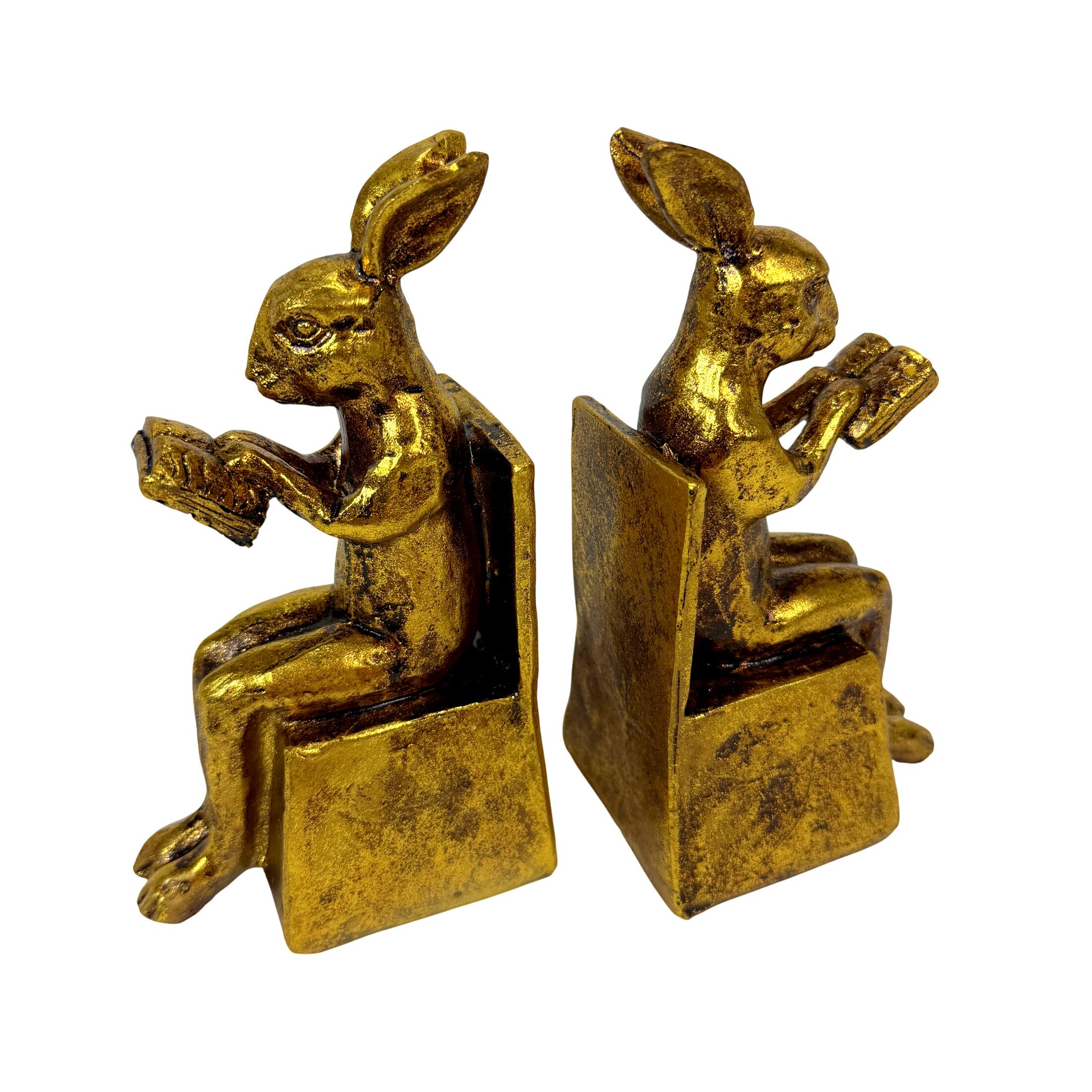 Front. Things2Die4 - Antique Gold Rabbit Bookends Set of 2 Resin Bookworm Decor 6.75 Inch - Gold.