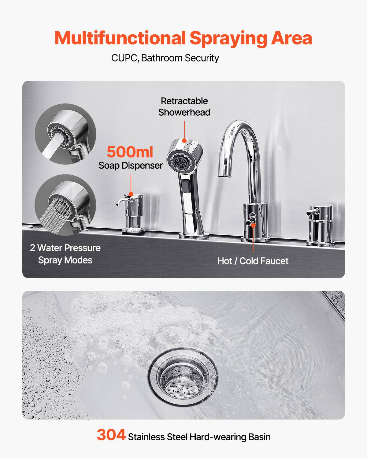 Multifunctional Spraying Area  
CUPC, Bathroom Security  

- Retractable Showerhead  
- 500ml Soap Dispenser  
- 2 Water Pressure Spray Modes  
- Hot / Cold Faucet  

304 Stainless Steel Hard-wearing Basin