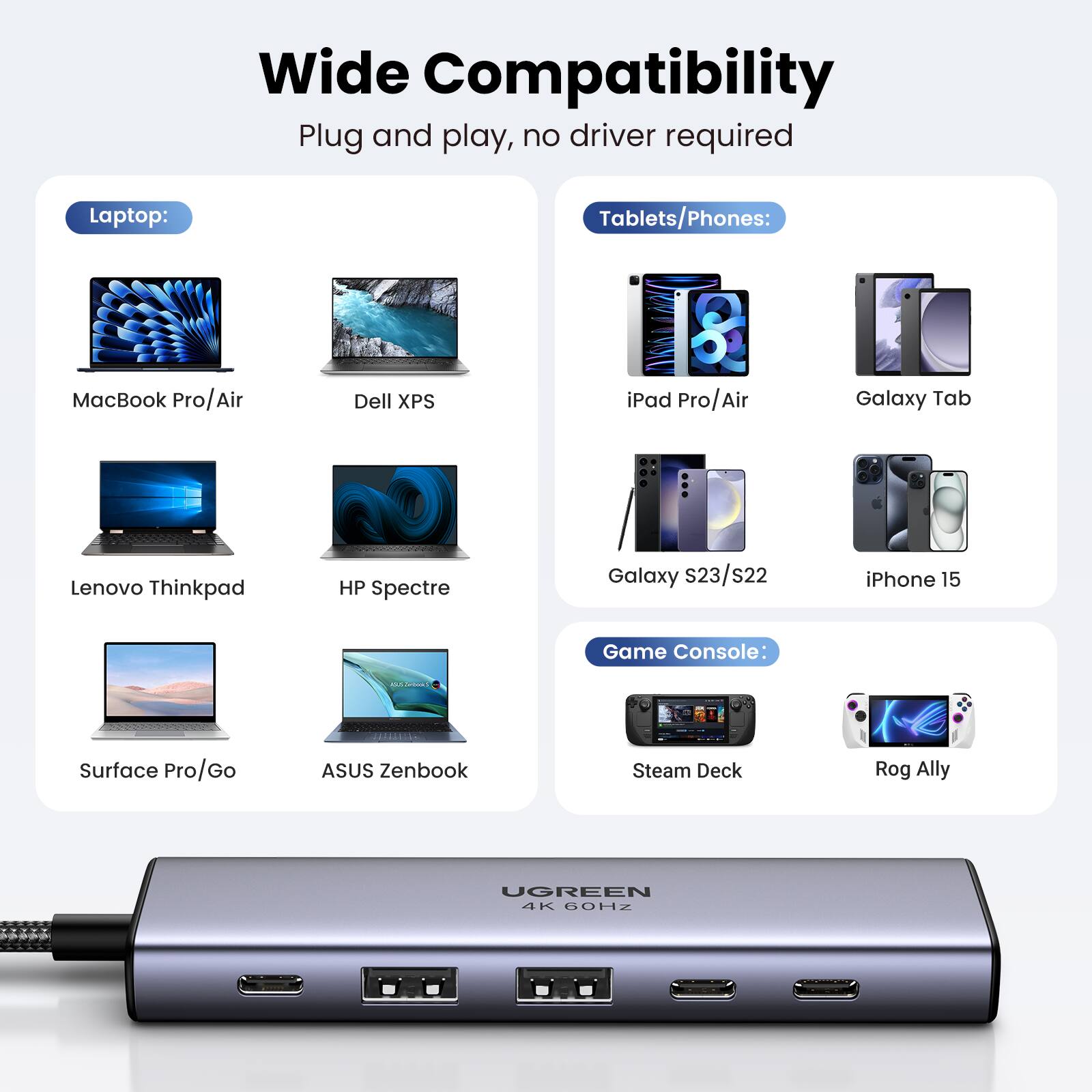 Wide Compatibility  
Plug and play, no driver required

**Laptop:**
- MacBook Pro/Air
- Dell XPS
- Lenovo Thinkpad
- HP Spectre
- Surface Pro/Go
- ASUS Zenbook

**Tablets/Phones:**
- iPad Pro/Air
- Galaxy Tab
- Galaxy S23/s22
- iPhone 15

**Game Console:**
- Steam Deck
- Rog Ally