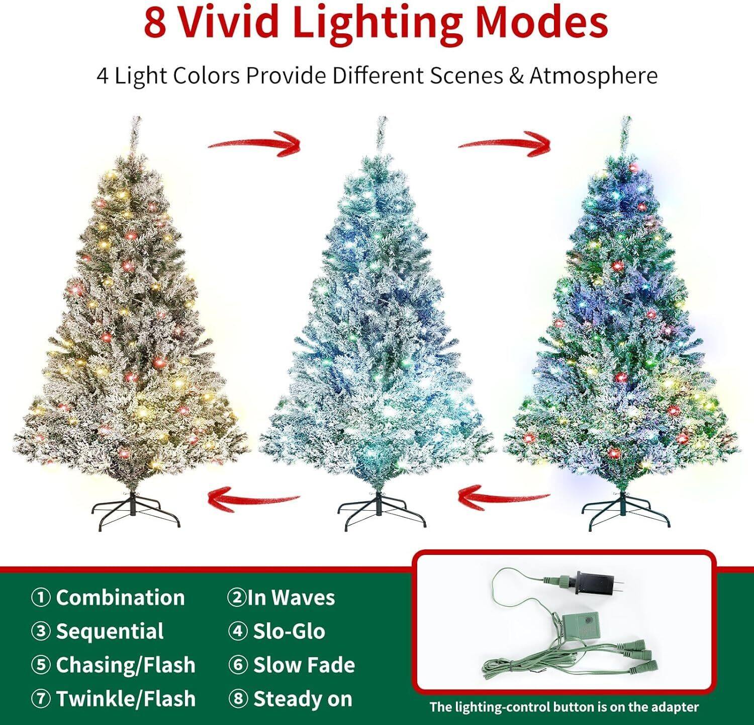 8 Vivid Lighting Modes

4 Light Colors Provide Different Scenes & Atmosphere

1. Combination
2. In Waves
3. Sequential
4. Slo-Glo
5. Chasing/Flash
6. Slow Fade
7. Twinkle/Flash
8. Steady on

The lighting-control button is on the adapter