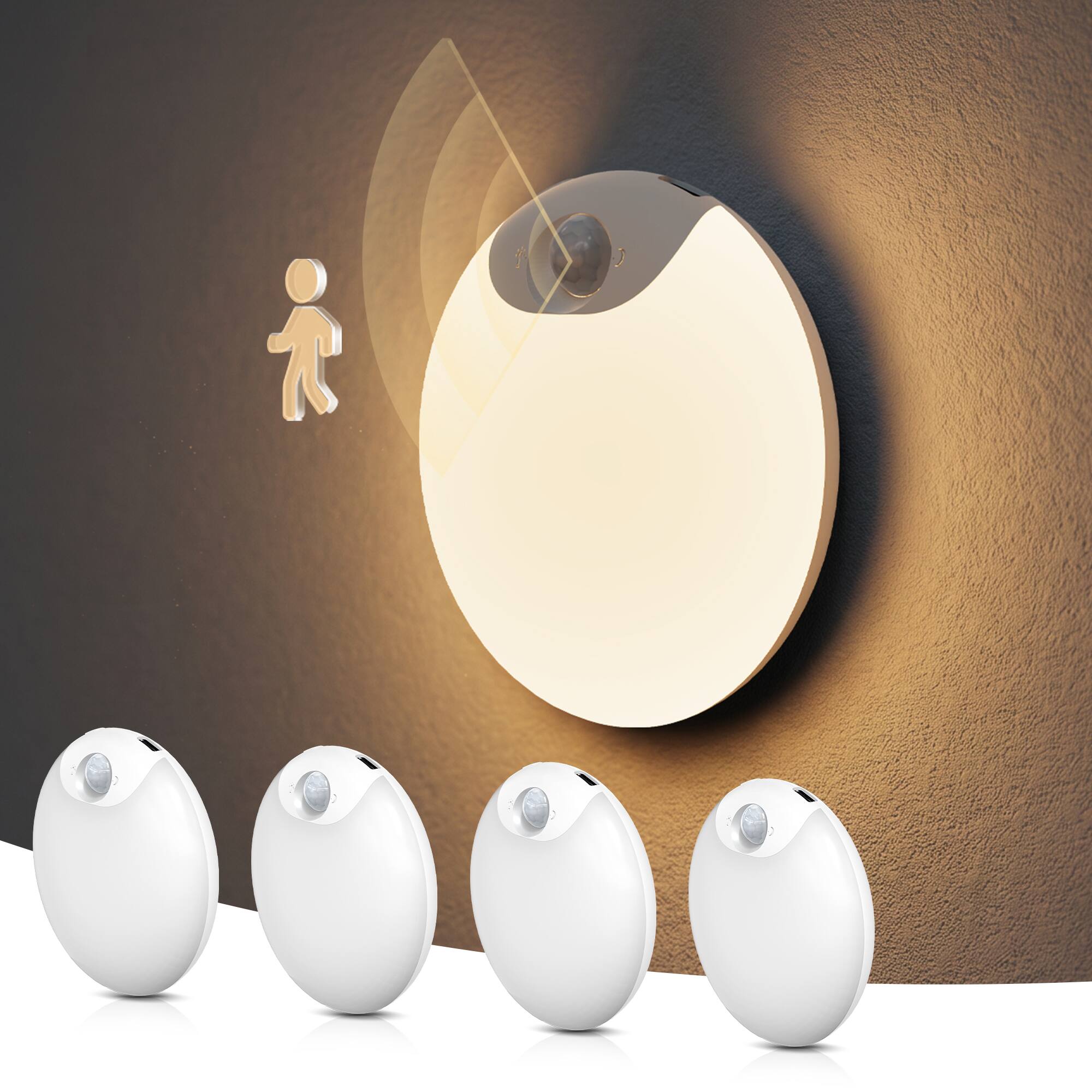 Angle. Jandcase - JANDCASE 4-Pack 0.5W Battery Operated Motion Sensor Night Light, 3000K Warm Glow,, 3 Modes, Type-C Charging - White.