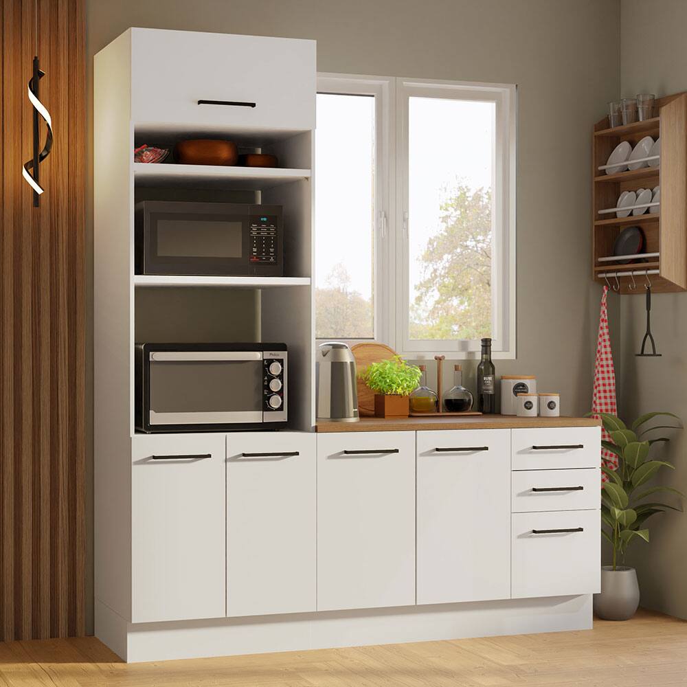Angle. Madesa - Madesa Hazel Kitchen Storage Set with Pantry Cabinet and 3 Drawers Base Cabinet 74"L - White - White.