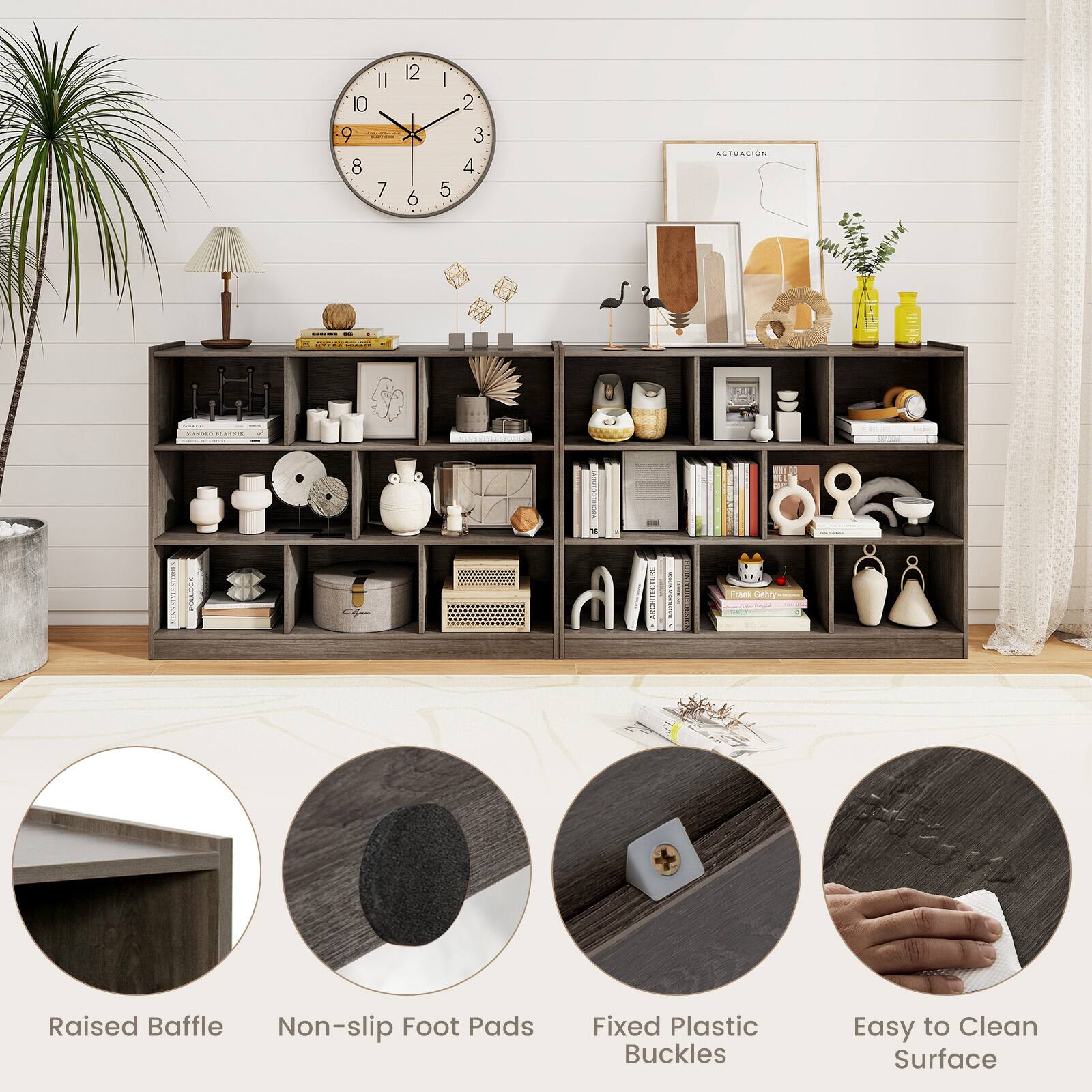 The text on the image is describing a set of items that include a clock, a shelf, and various decorative items. The clock is positioned on the wall above the shelf, which is filled with books and other decorative items. The shelf is described as having a "raised baffle," "non-slip foot pads," and "fixed plastic buckles" to keep the items in place. The shelf is also advertised as being "easy to clean" and having a "surface" that is "actualion."