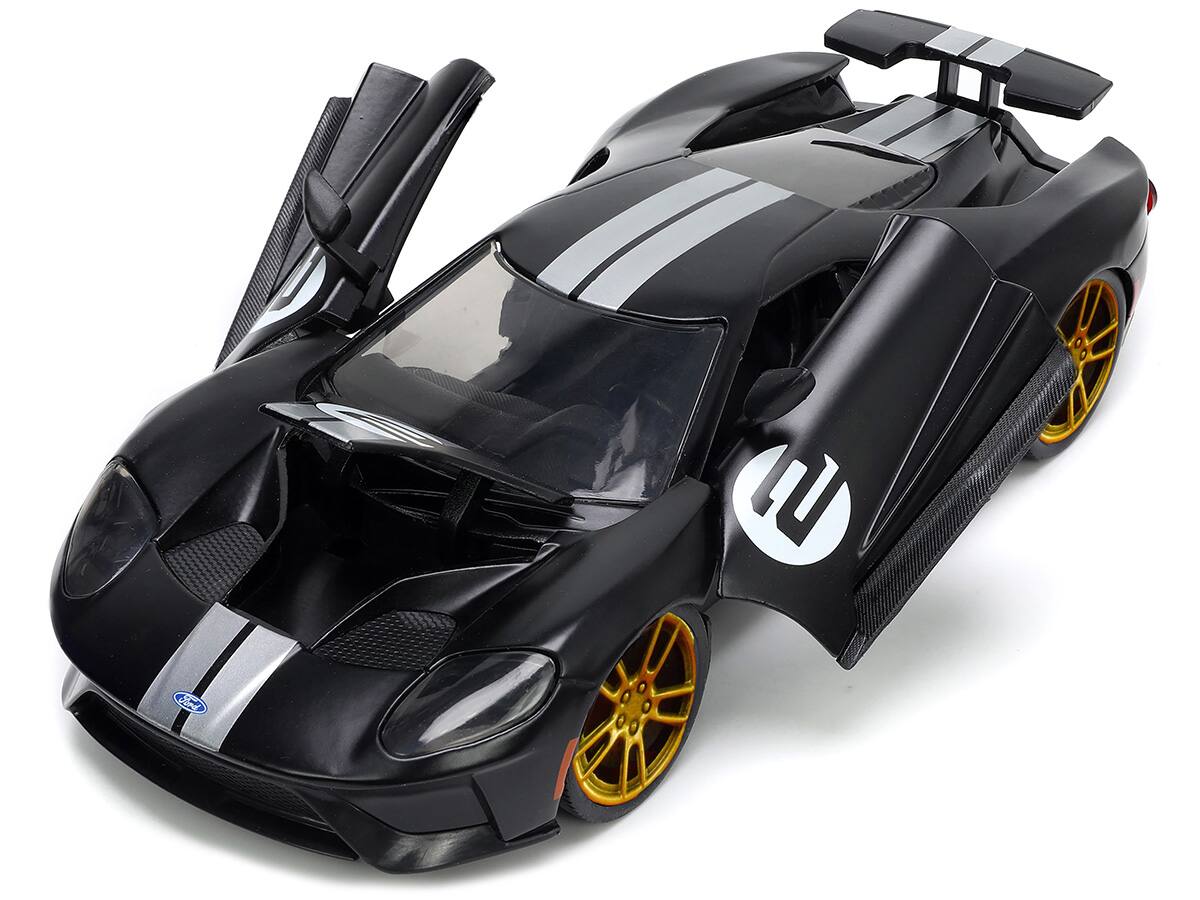 Angle. Jada - 2017 Ford GT #2 Matt Black with Silver Stripes and Gold Wheels "Bigtime Muscle" Series 1/24 Diecast Model Car by Jada - Matt Black, Silver.