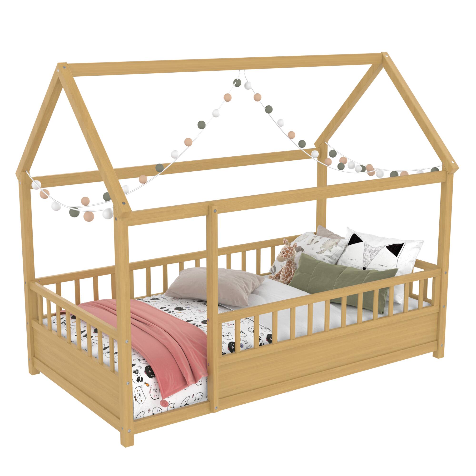 Back. GOODSILO - Twin Size Floor Bed with Playhouse Roof Design and Safety Guardrails for Children's Bedroom - Natural.
