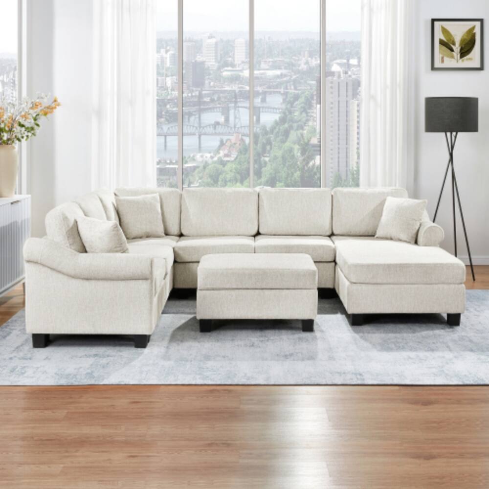 Angle. LUCKY ONE - 111.8" U-Shaped Chenille Sectional Sofa w/ Movable Storage Ottoman 4-Piece - White.