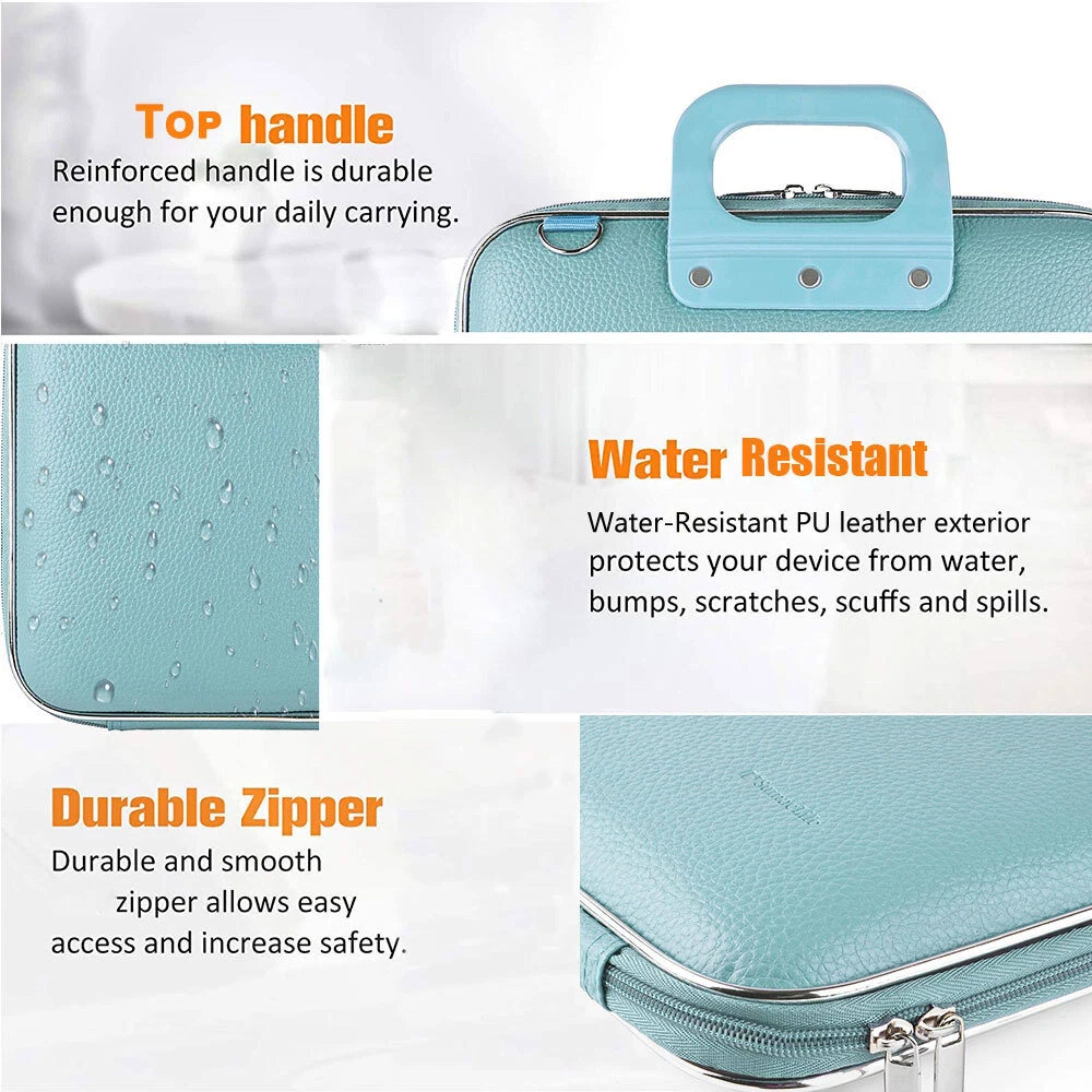 - **Top handle**
  - Reinforced handle is durable enough for your daily carrying.

- **Water Resistant**
  - Water-Resistant PU leather exterior protects your device from water, bumps, scratches, scuffs and spills.

- **Durable Zipper**
  - Durable and smooth zipper allows easy access and increase safety.