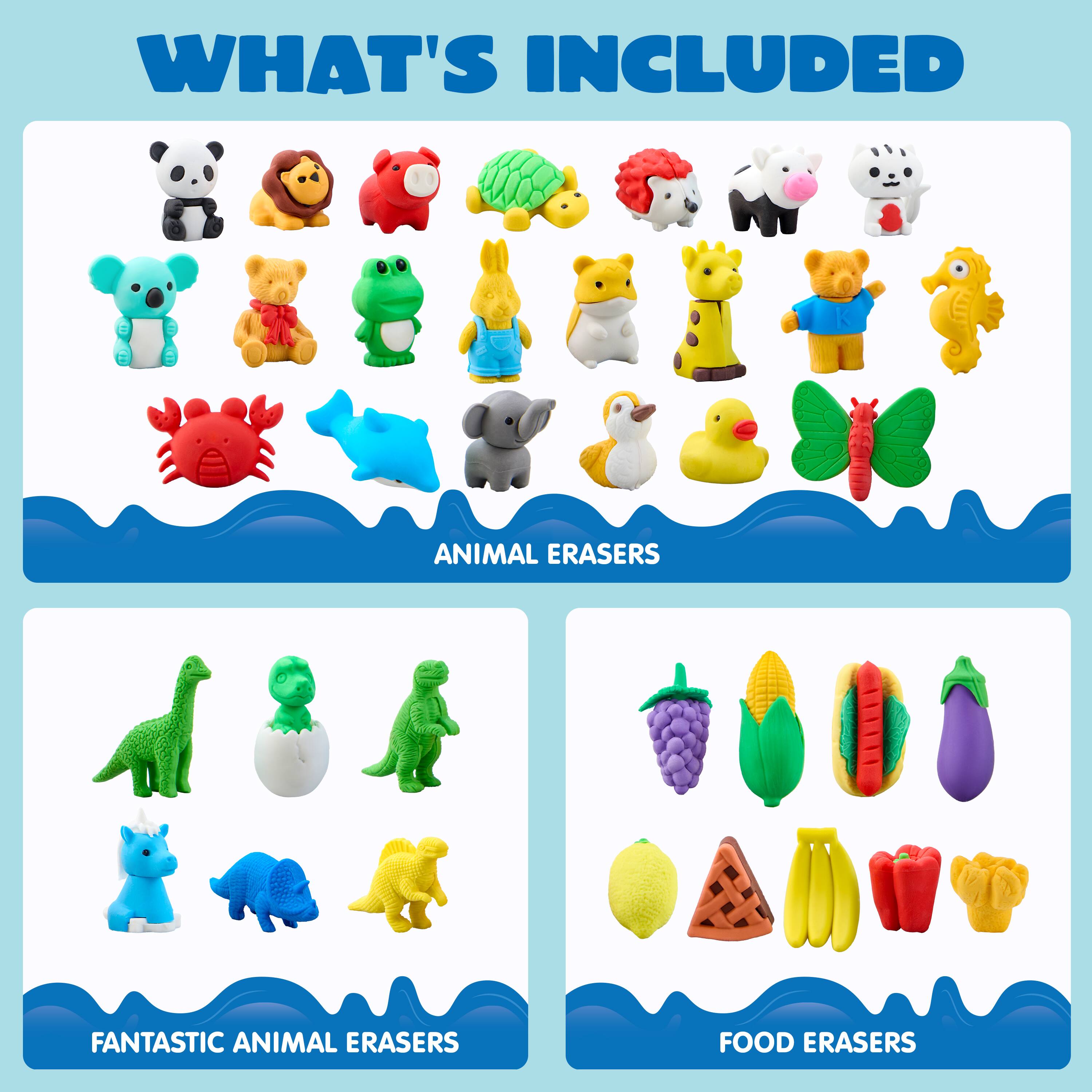 WHAT'S INCLUDED

ANIMAL ERASERS

FANTASTIC ANIMAL ERASERS

FOOD ERASERS