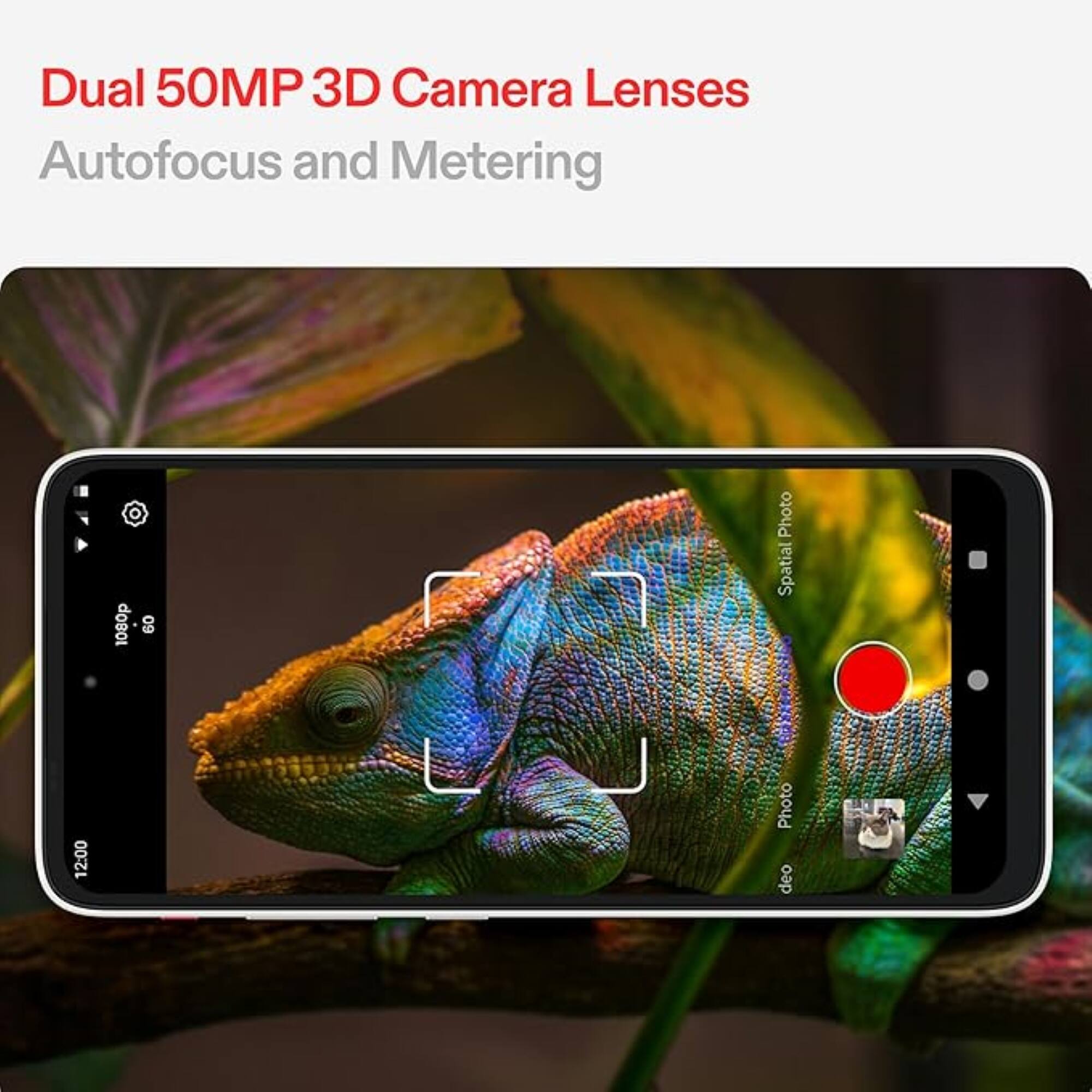Dual 50MP 3D Camera Lenses Autofocus and Metering 1080p 60fps Photo Spatial 12:00 Photo deo