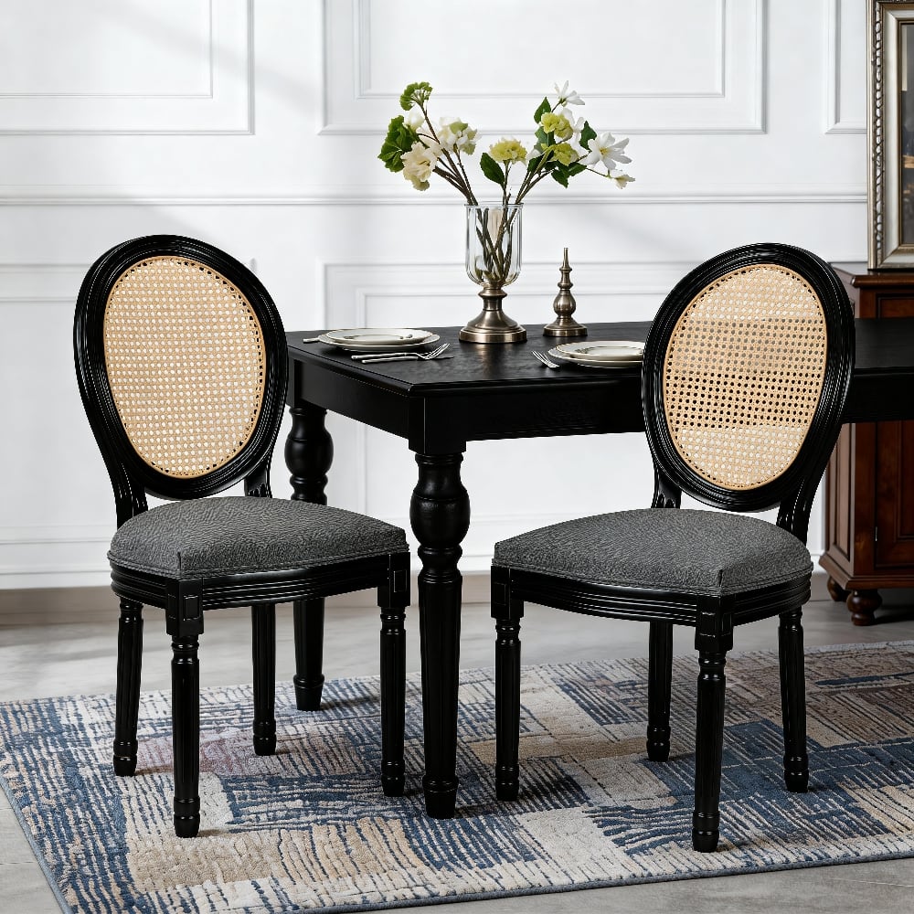 Loheer - French Country Dining Chairs Set of 2 Upholstered Rattan Back Dark Grey - Dark Gray price history on PriceWatchPro