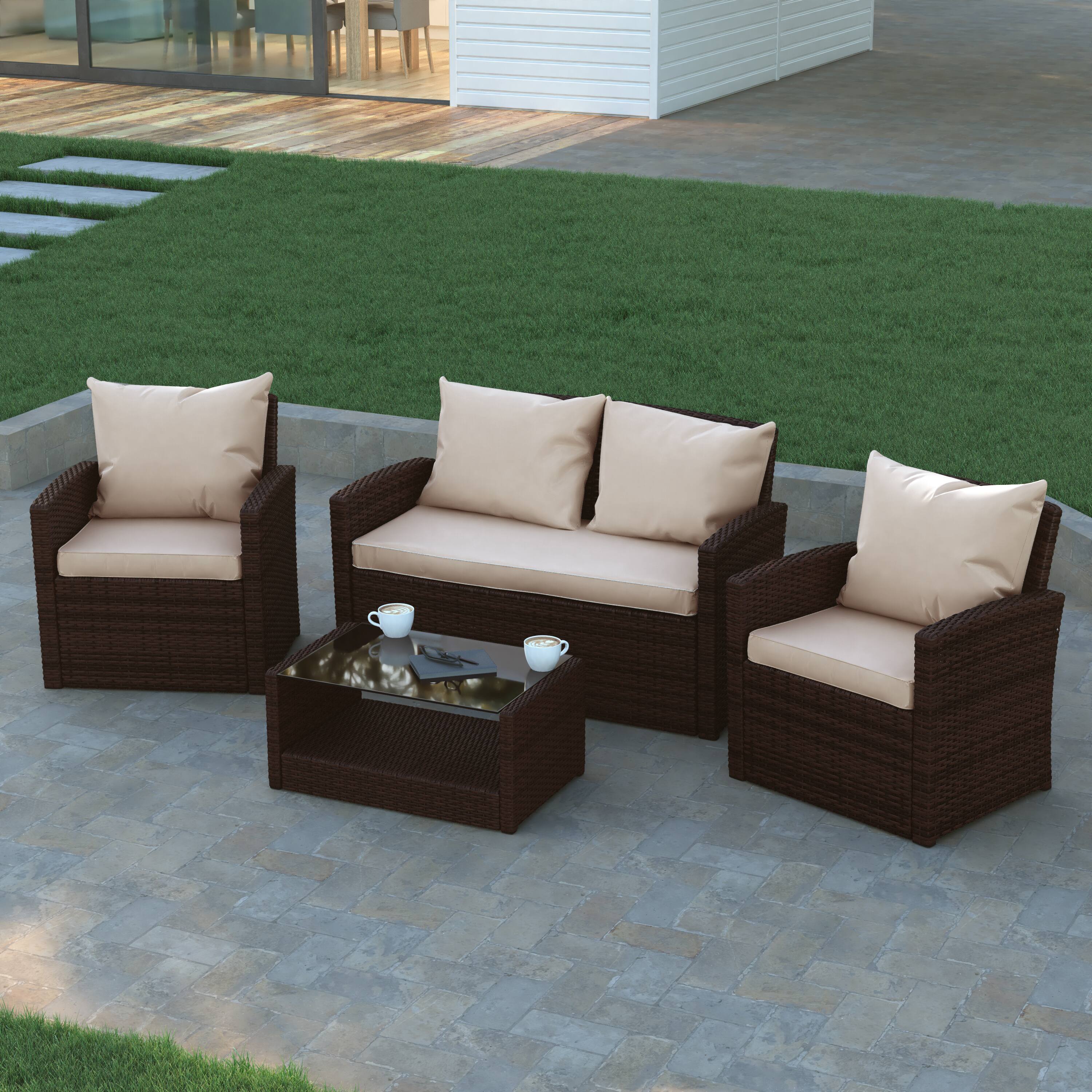 Alt View 3. Emma + Oliver - 4 Piece Patio Set with Gray Back Pillows & Seat Cushions - Outdoor Seating - Beige Cushions/Brown Frame.