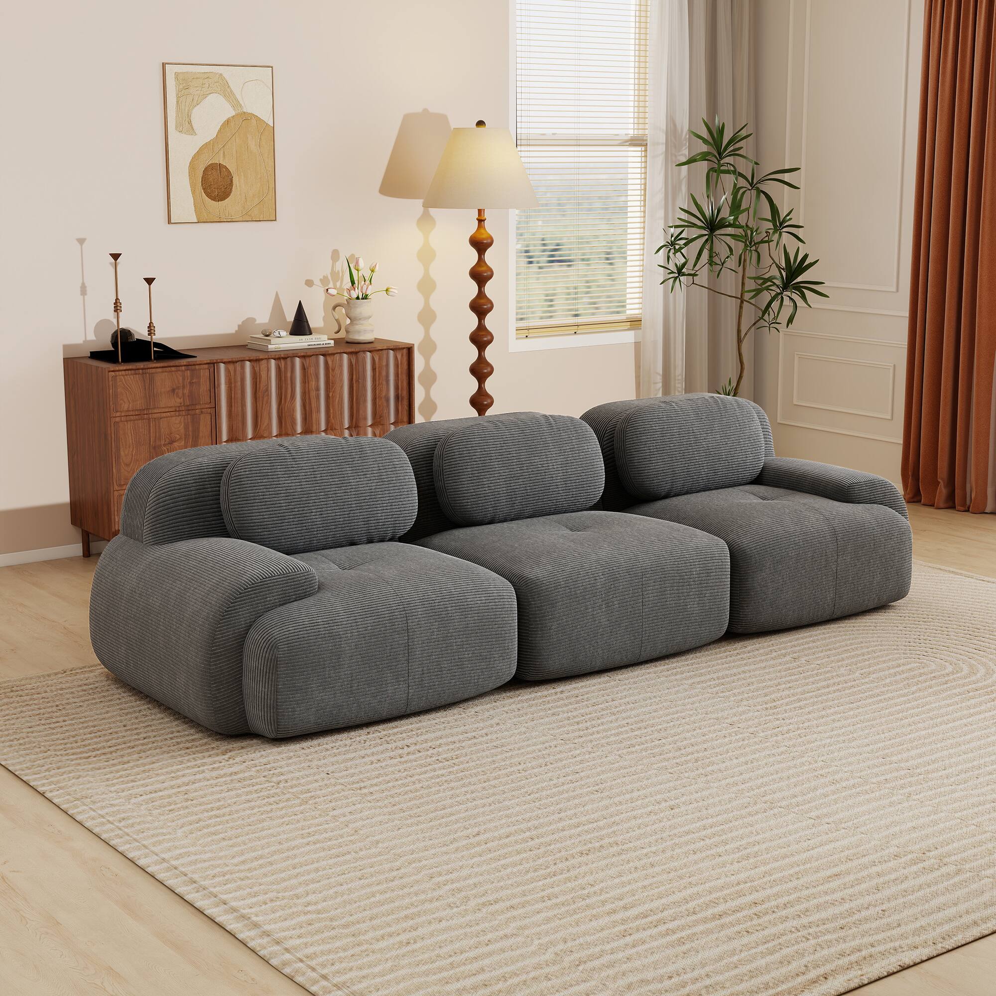 Alt View 4. Aukfa - 3 seats Modular Corduroy Sectional Sofa with Ergonomic Support - Pet Friendly, Easy Assembly, Non-Slip Base Design - Gray.