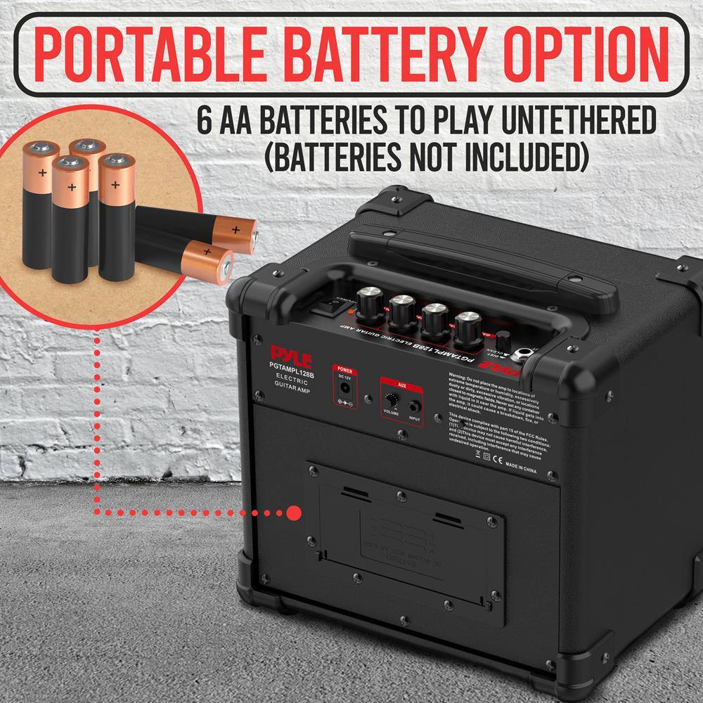 PORTABLE BATTERY OPTION  
6 AA BATTERIES TO PLAY UNTETHERED (BATTERIES NOT INCLUDED)  

PYLE  
POTAMPL1288  
ELECTRIC GUITAR AMP  

CE  
MADE IN CHINA