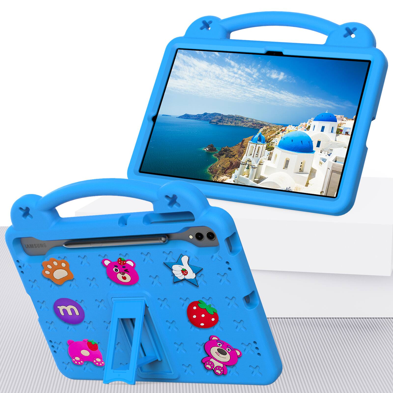 Angle. Dteck - For Samsung Galaxy Tab S9 FE+/S9+/S8+/S7 FE/S7+ Cute Cartoon Kid Case Built-in Kickstand Handle Grip Shockproof Cover - Skyblue.