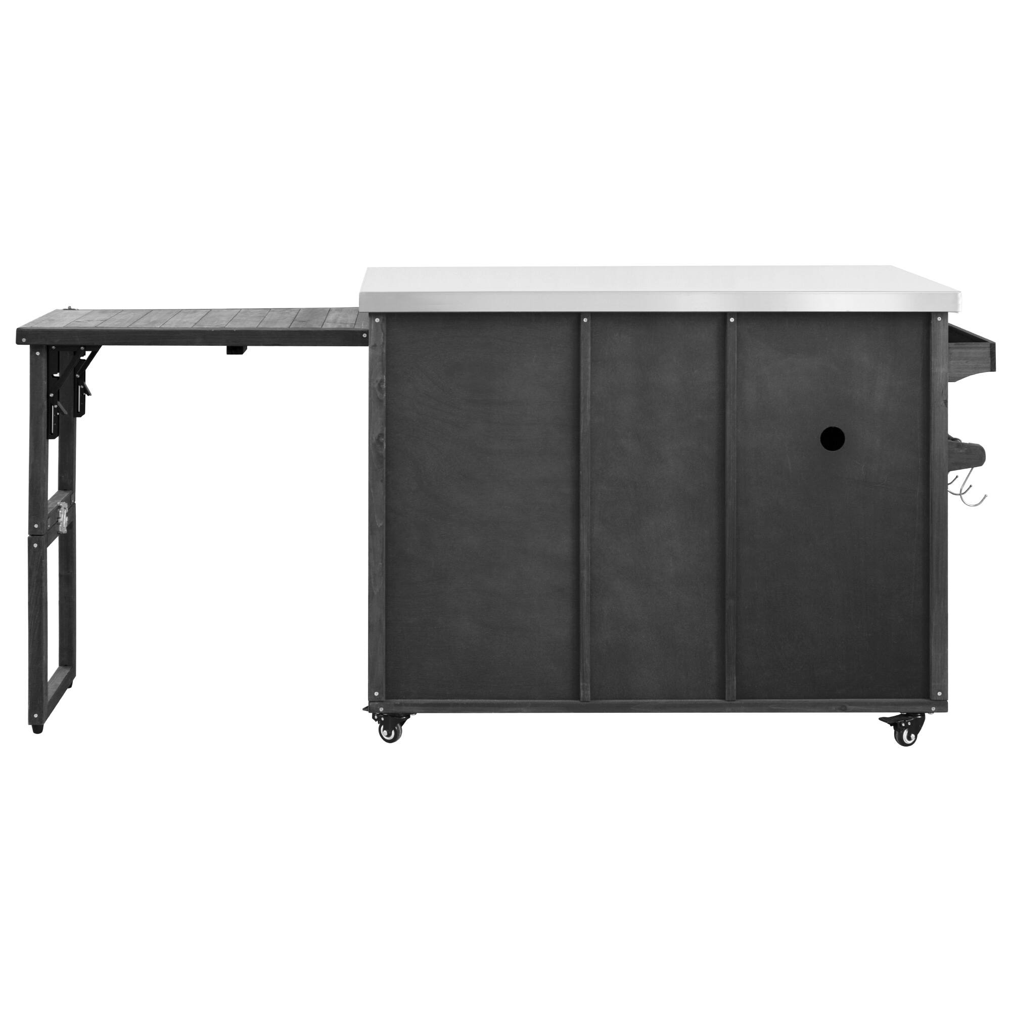 Back. PexFix - 78.3" Outdoor Kitchen Island with Foldable Table, Trash Storage & Stainless Top, Wood Pizza Oven Cart for Lawn & Garden - Black.