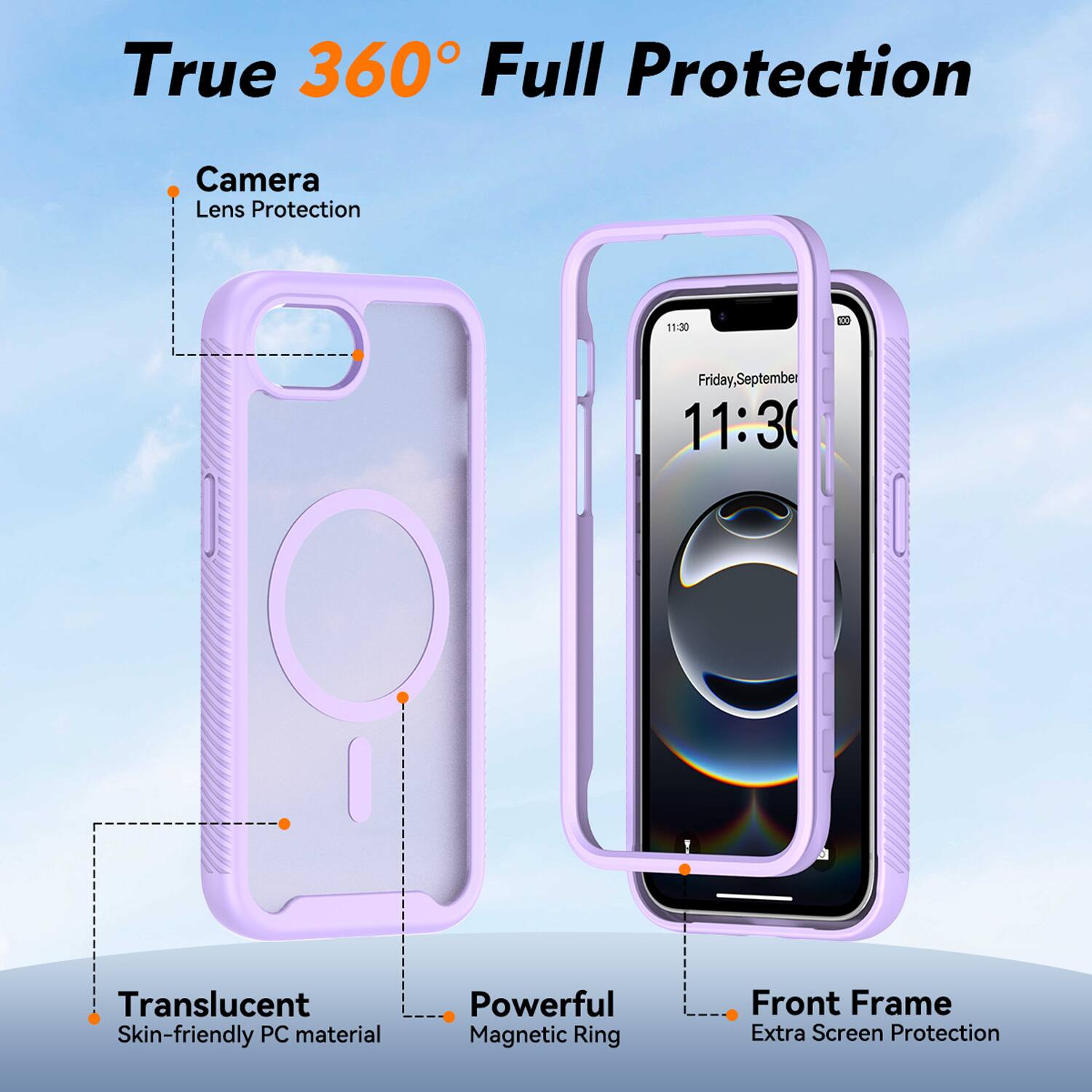 True 360° Full Protection

- Camera Lens Protection
- Translucent Skin-friendly PC material
- Powerful Magnetic Ring
- Front Frame Extra Screen Protection