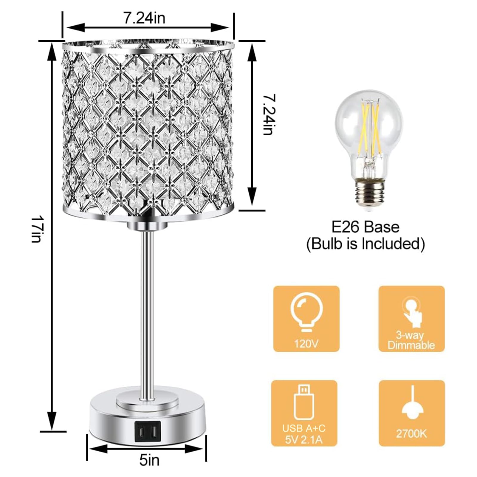 Cedar Assembly Crystal Table Lamp Touch Control Lamps With Usb C+a ...