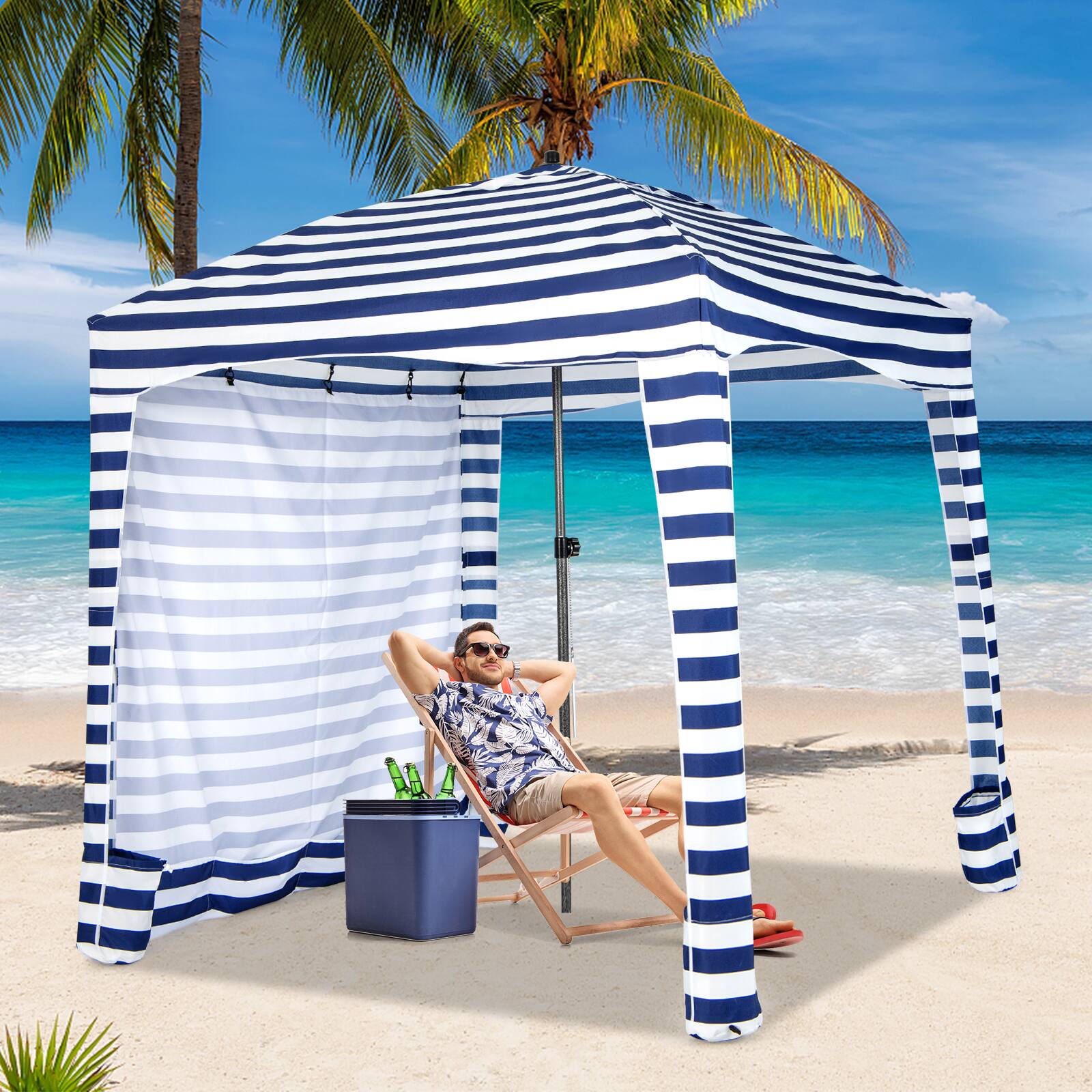 Alt View 17. Costway - 6 x 6FT Foldable Beach Cabana Tent with  Carrying Bag Detachable Sidewall - Blue+White.