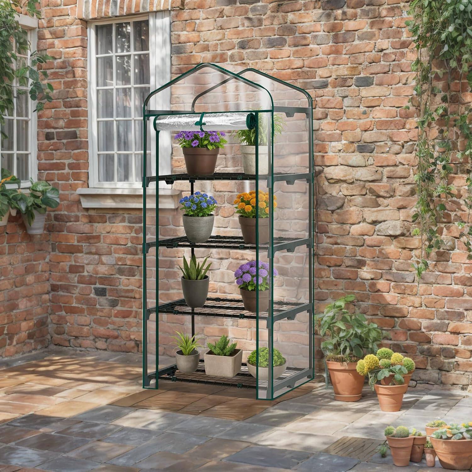 Alt View 5. Winado - 27"x19.6"x63" Mini Greenhouse, Small PVC Plant Green House with 4 Tiers Rack, Shelf Clips, Roll-up Zipper Door - White.