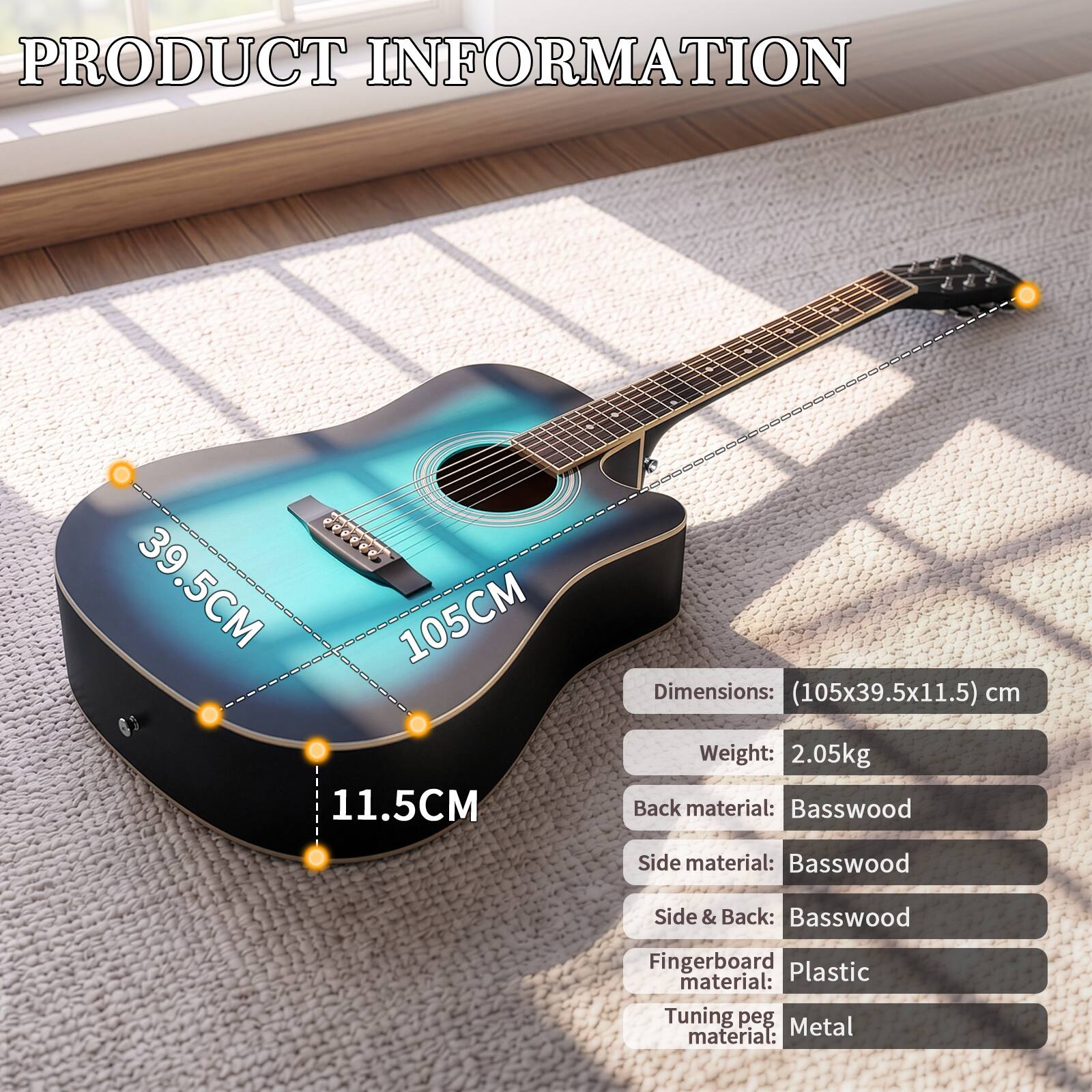 PRODUCT INFORMATION

Dimensions: (105x39.5x11.5) cm  
Weight: 2.05kg  
Back material: Basswood  
Side material: Basswood  
Side & Back: Basswood  
Fingerboard material: Plastic  
Tuning peg material: Metal