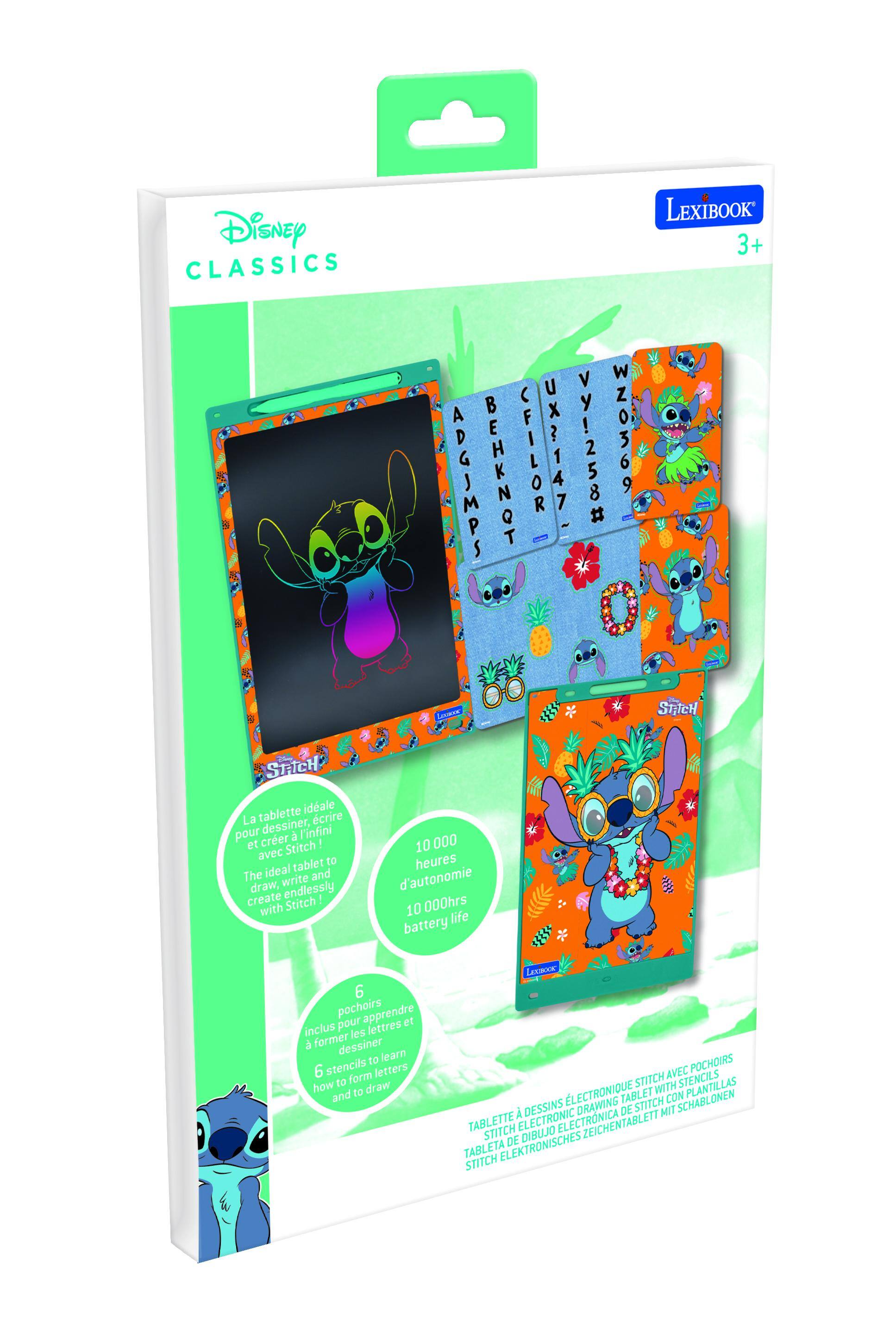 Disney CLASSICS LEXIBOOK 3+  
The ideal tablet to write and draw, endlessly create Stitch!  
10 000 hrs life battery  
6 stencils to learn how to form letters and to draw  
La tablette idéale pour dessiner, écrire et créer Stitch !  
10 000 heures d'autonomie  
6 pochoirs pour apprendre à former les lettres et à dessiner  
TABLETTE À DESSINS ÉLECTRONIQUE STITCH AVEC POCHOIRS  
TABLETTE DE DIBUJO ELECTRÓNICA STITCH CON PLANTILLAS  
TABLETTE DE DESSIN ÉLECTRONIQUE STITCH MIT SCHABLONEN  
TABLETTE DE DIBUJO ELECTRÓNICA STITCH CON PLANTILLAS  
TABLETTE DE DESSIN ÉLECTRONIQUE STITCH MIT SCHABLONEN