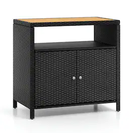 Pefilos - Rattan Storage Cabinet with Acacia Wood Countertop for Poolside Deck and Patio - Black