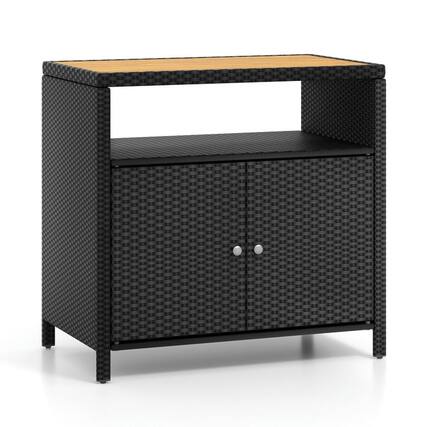 Front. Pefilos - Rattan Storage Cabinet with Acacia Wood Countertop for Poolside Deck and Patio-Black, - Black.