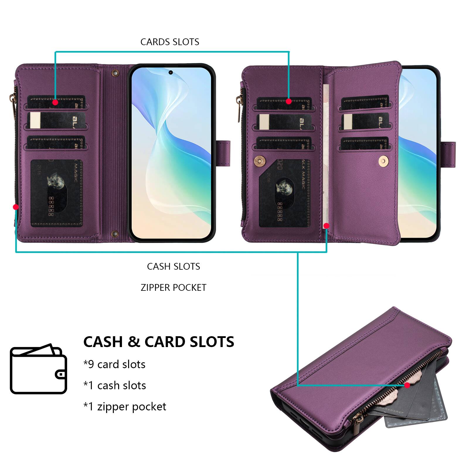 CARDS SLOTS

CASH SLOTS

ZIPPER POCKET

CASH & CARD SLOTS
*9 card slots
*1 cash slots
*1 zipper pocket