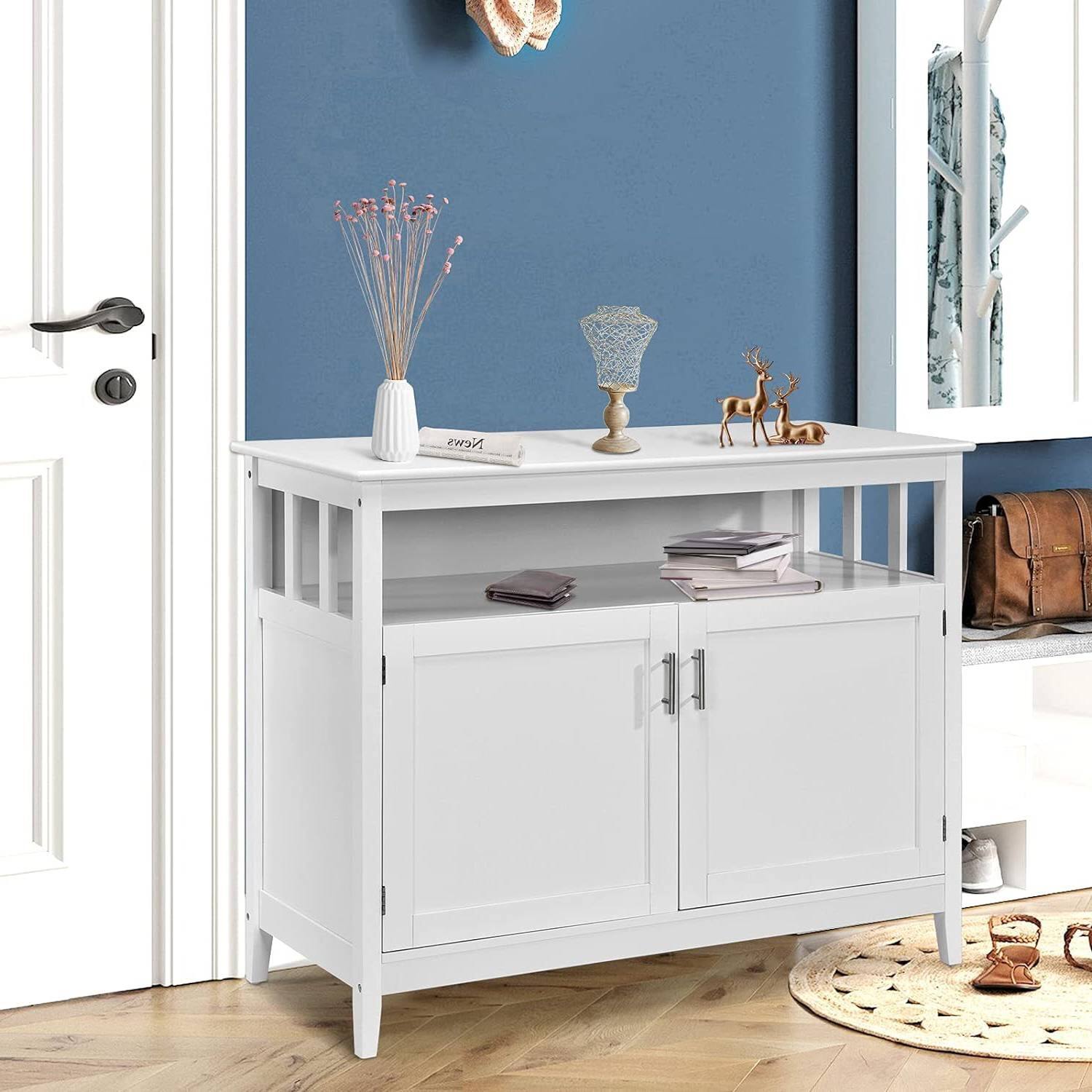 Left. Hivvago - White Wood 2-Door Dining Buffet Sideboard Cabinet with Open Storage Shelf - White.
