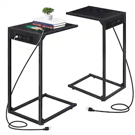 Oumilen - 2PCS C Shape Sofa Side Table with Charging Station - Black
