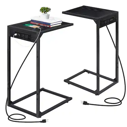 Front. Oumilen - 2PCS C Shape Sofa Side Table with Charging Station - Black.