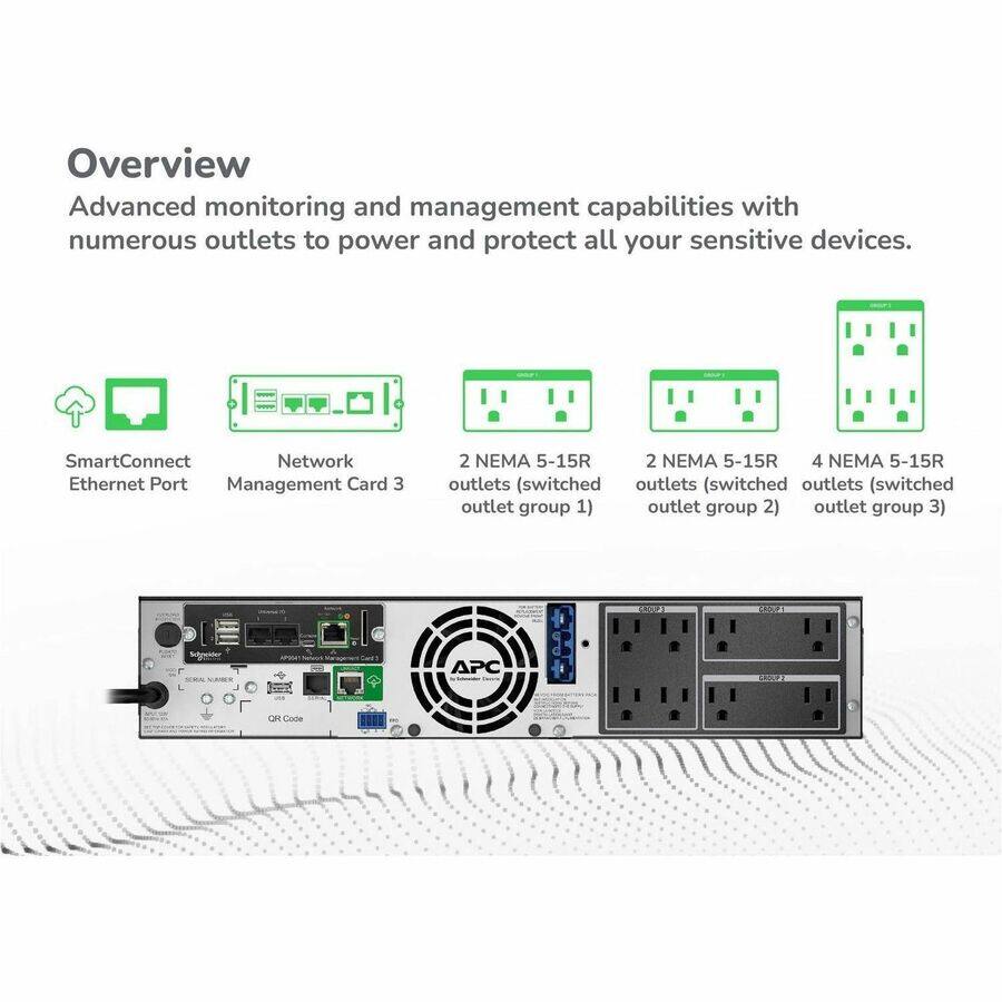 Overview

Advanced monitoring and management capabilities with numerous outlets to power and protect all your sensitive devices.

- SmartConnect Ethernet Port
- Network Management Card 3
- 2 NEMA 5-15R outlets (switched outlet group 1)
- 2 NEMA 5-15R outlets (switched outlet group 2)
- 4 NEMA 5-15R outlets (switched outlet group 3)