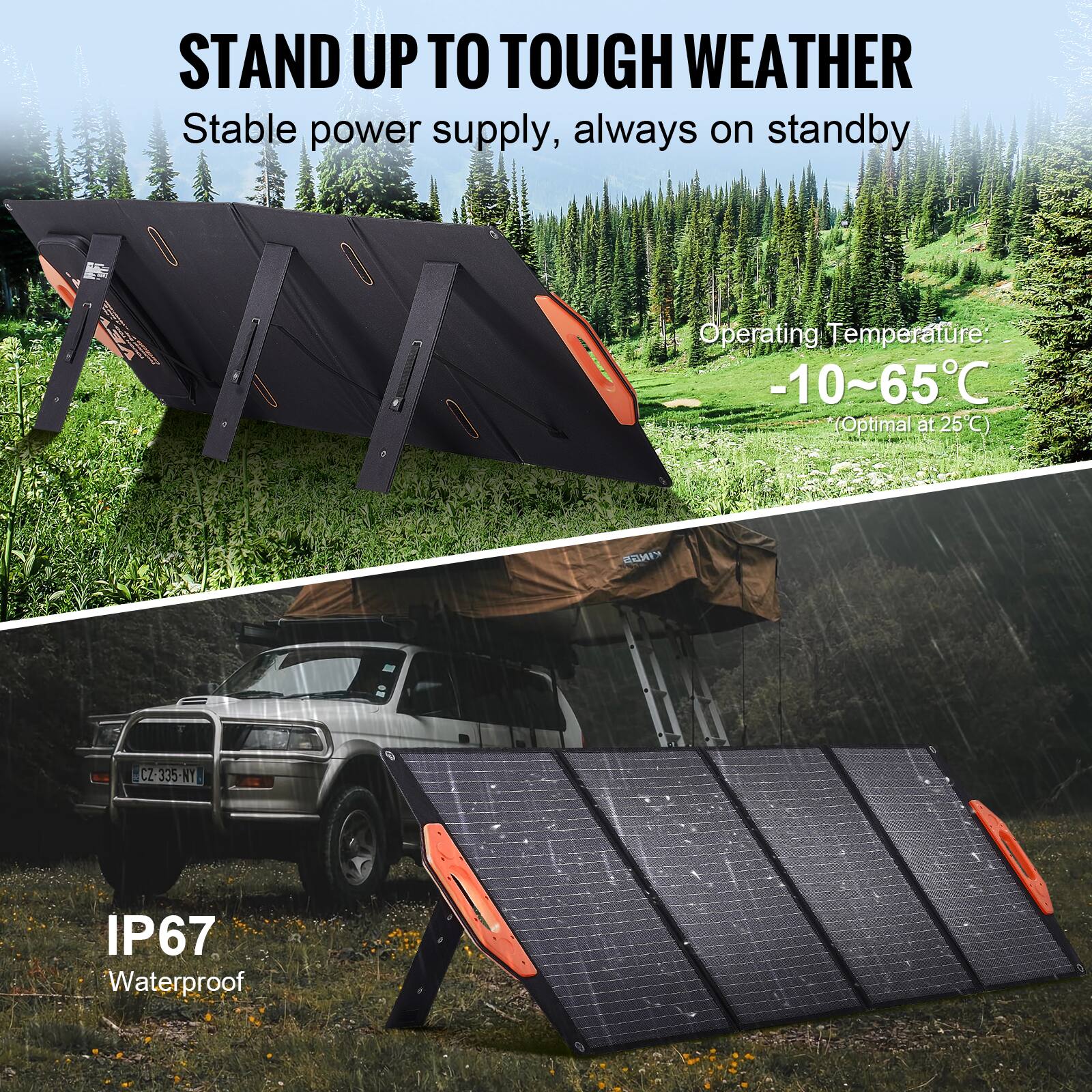 STAND UP TO TOUGH WEATHER  
Stable power supply, always on standby  

Operating Temperature: -10~65°C (Optimal at 25°C)  

IP67 Waterproof