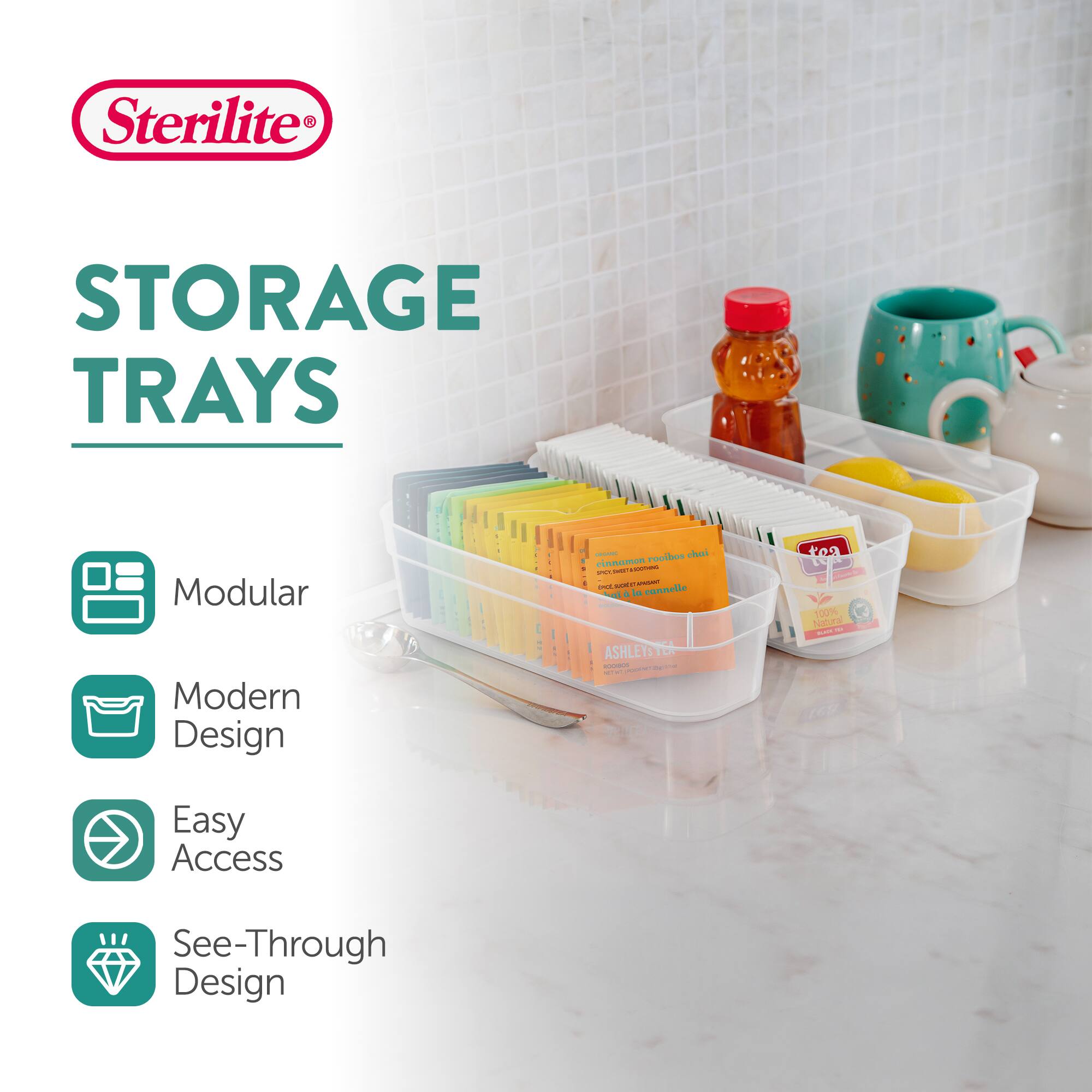 Sterilite STORAGE TRAYS Modular Modern Design - Portlats he LAmM - - - - -    rummelle -  - ASHLETSTEA - | - - - - toa : 100% Natue P - - Easy Access See-Through Design