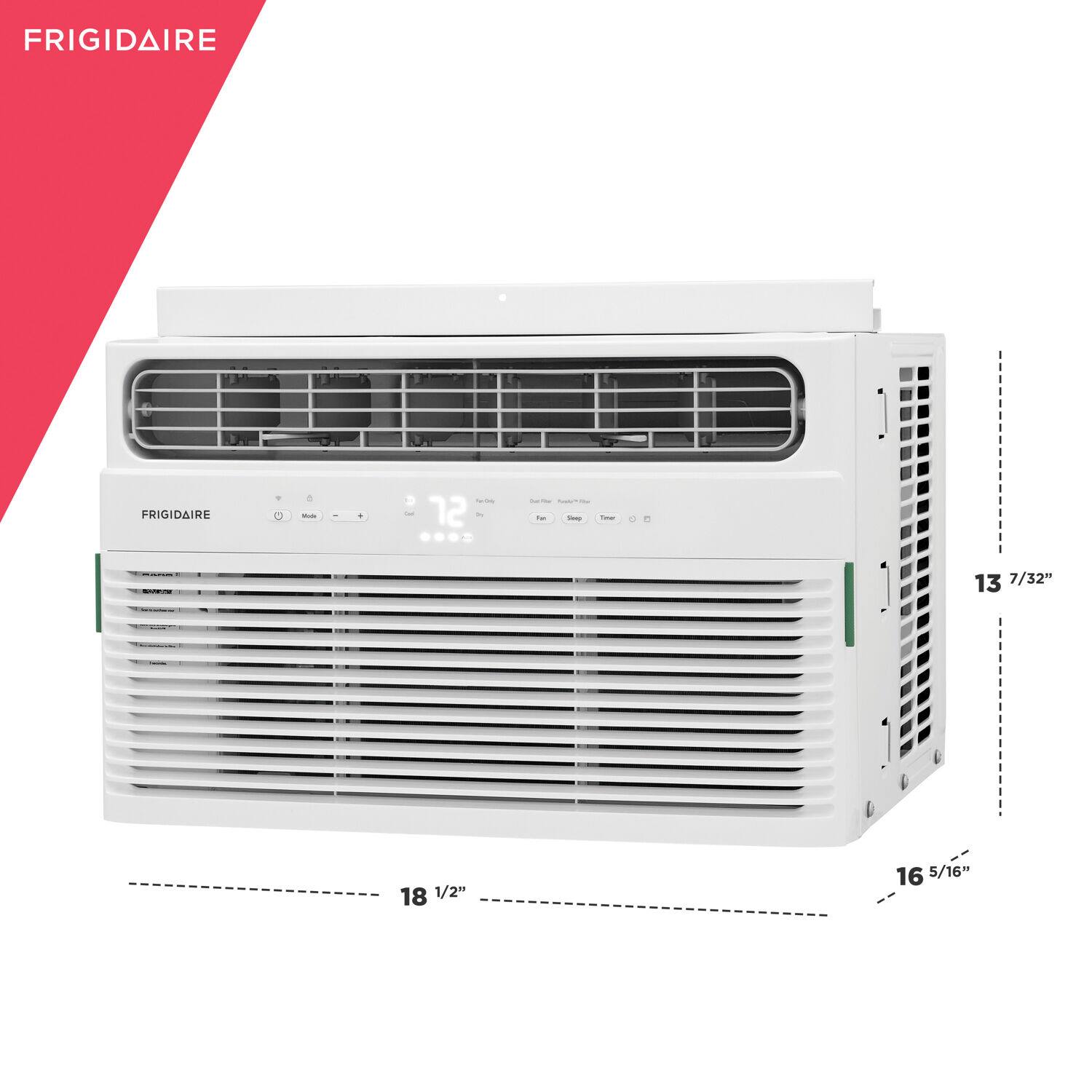 Frigidaire is the brand of the air conditioner shown in the image. The dimensions of the air conditioner are 13 7/32" (34.3 cm) in height, 18 1/2" (46.7 cm) in width, and 16 5/16" (41.3 cm) in depth.
