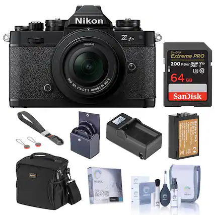 Nikon NIKKOR Z fc $46 DX VR 1:3.5-6.3 50mm 16
SanDisk Extreme PRO 200 MB/s V30 64 GB
SanDisk
DON'T I DON'T CAUTION CXIN-EL25 Battery
TEMPERATURE STORE N DRASSEMBLE 1280mA 2
Pack OVER 2 W
DLFIE a eD CE PRO OPTIC
LCD SCREEN PROTECTOR