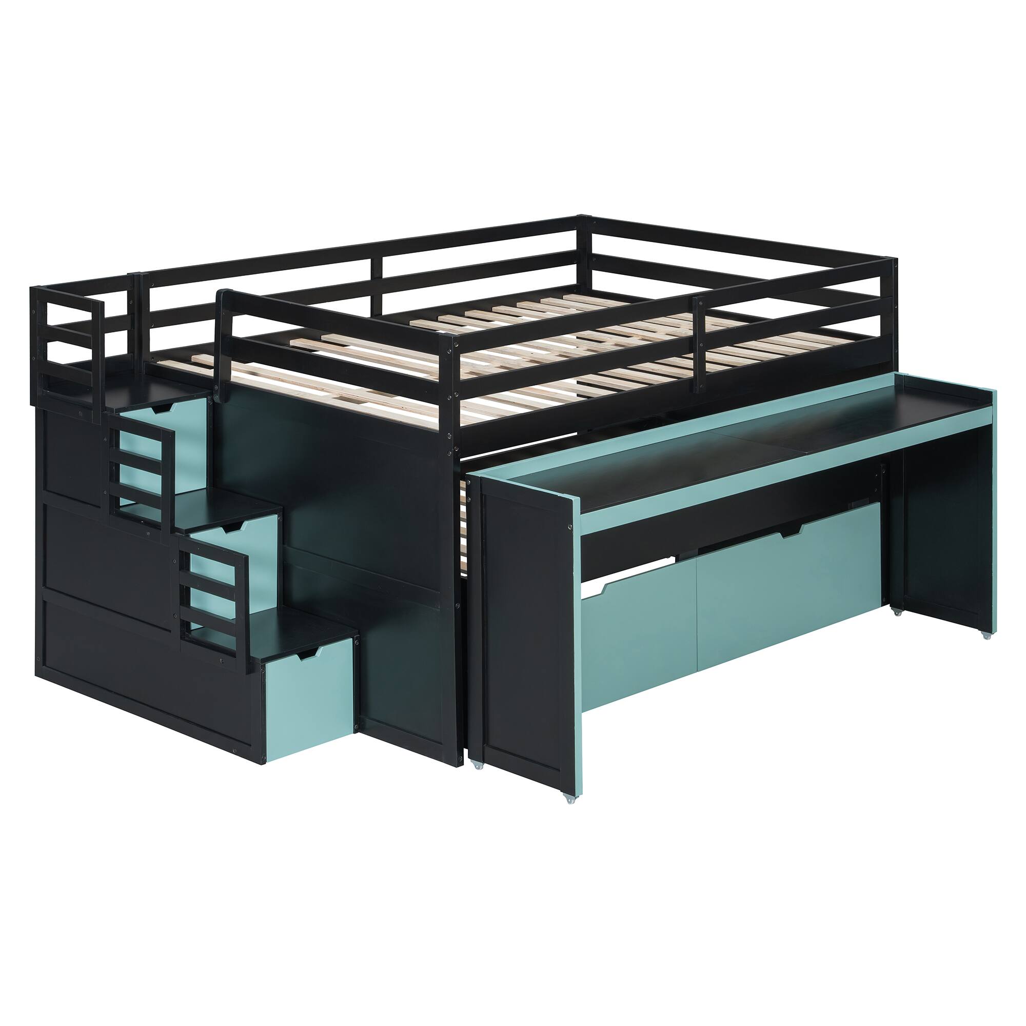 Back. Whisen - Gaming Loft Bed with Pull-Out Desk,Trundle and Storage Stairs,Multi-Functional Workstation Bed Frame - Black+Blue.