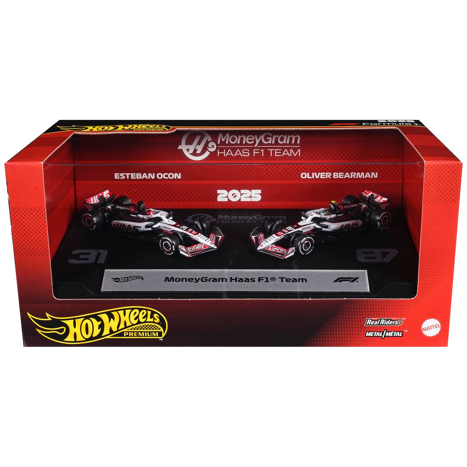 TEF 1OT MEUTTEON H MoneyGram HAAS F1 TEAM FOCUOO. ESTEBAN OCON OLIVER BEARMAN S.I 2025 J MoneyGrem MAAd - : CHNLS 5 A  S toney CH GrOP 31 37 NORHm N MoneyGram Haas F1 Team HOL WHeeLS PREMIUM FI Real Ridersit MATTEL METAL METAL