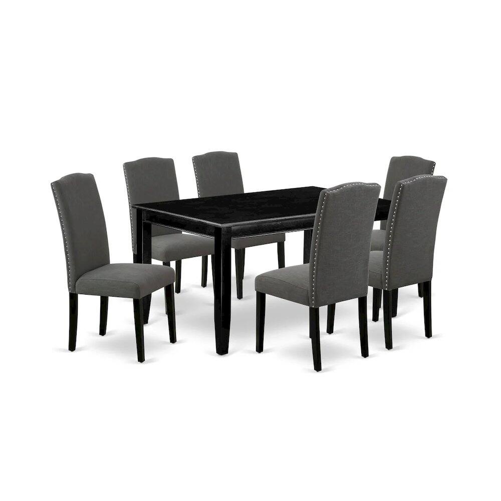 Front. East West Furniture - 7 Piece Modern Dining Table Set Consist of a Rectangle Wooden Table and 6 Dark Gotham Linen Fabric Upholstered Chairs - Black.
