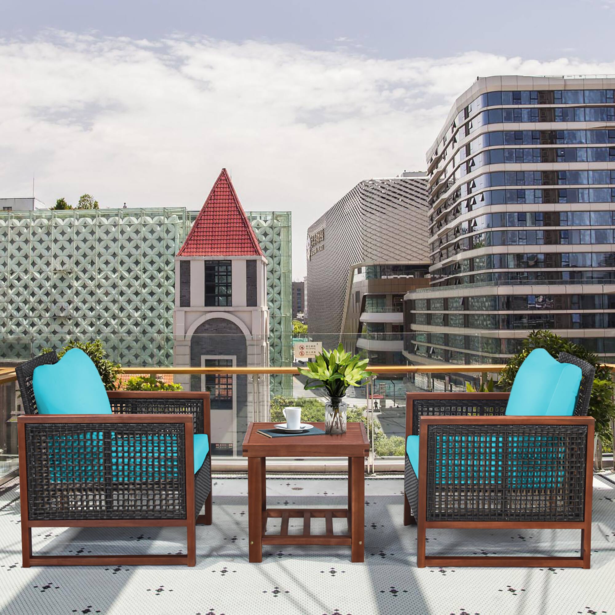 Alt View 3. Costway - Costway 3PCS Patio Wicker Furniture Set Solid Wood Frame Cushion Sofa w/ Square Table Shelf - Turquoise.