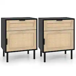 WELLFOR - Set of 2 Rattan Nightstands with Drawer and Cabinet - Natural