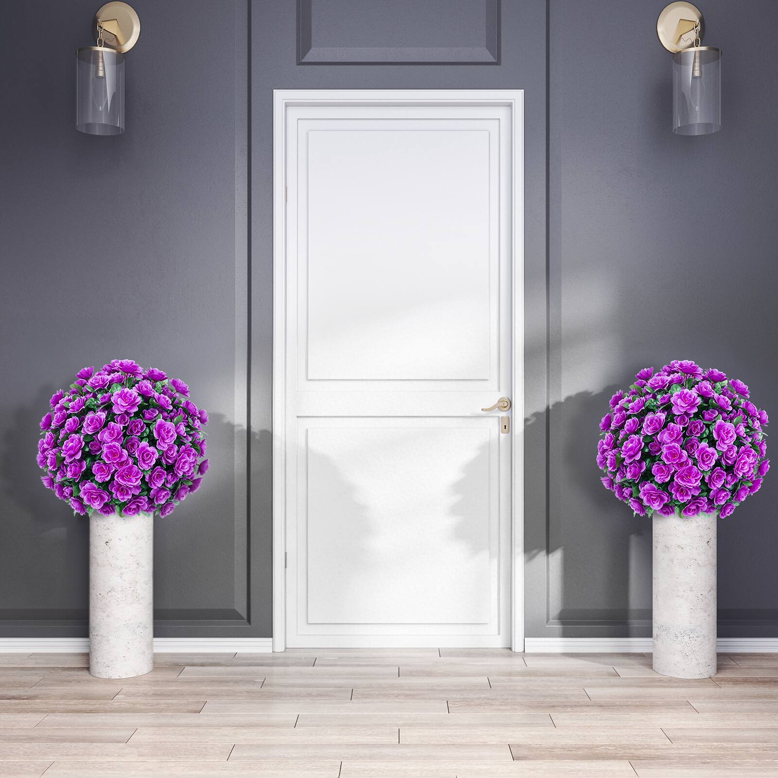 Back. Oumilen - 2 Pack Artificial Purple Rose Topiary Trees – UV Resistant Outdoor Fake Plants with Stakes, 21.6in for Garden Yard - Purple.