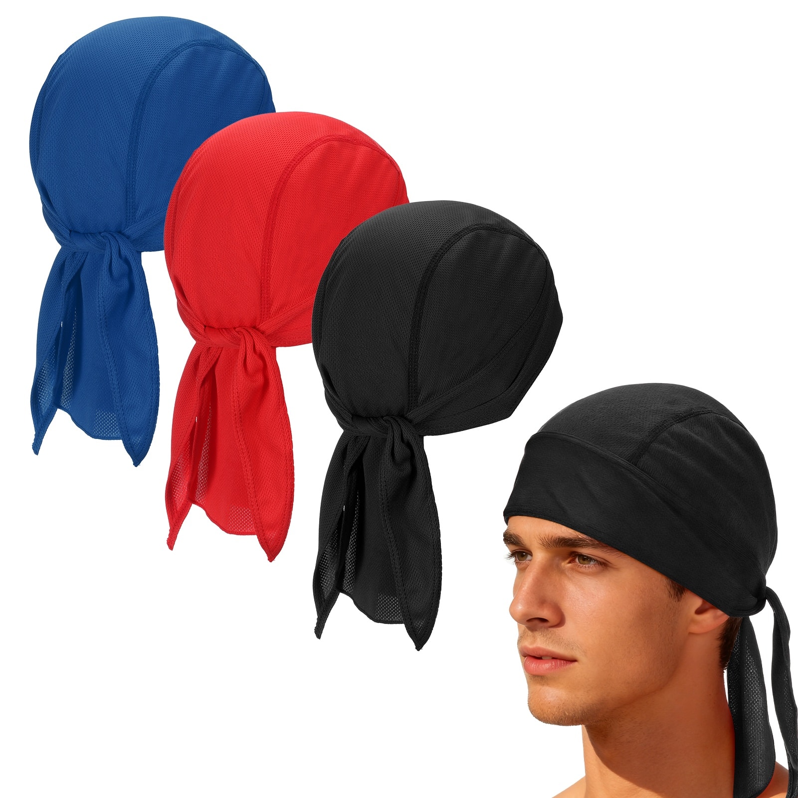 Unique Bargains - Cooling Do Rags, Sweat Wicking Skull Caps, Breathable Motorcycle Head Wrap, 3pcs - For Men/Women, Cycling/Running - Black/Red/Sapphire Blue price history on PriceWatchPro