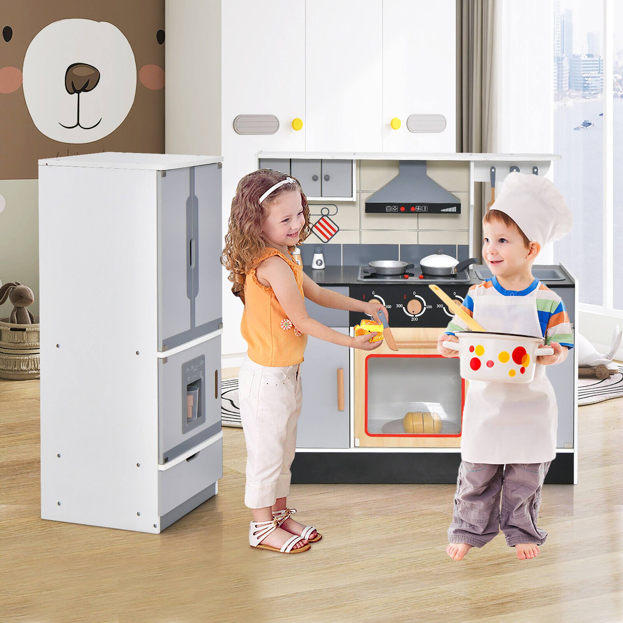 Alt View 3. Gymax - Gymax Kids Wooden Pretend Play Kitchen Toddlers Toy with Refrigerator & Accessories - Grey.