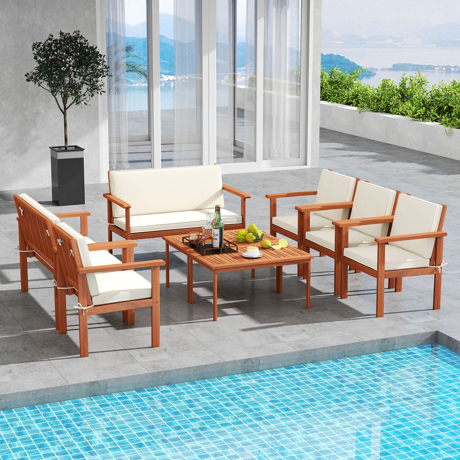Gymax - 8 Pieces Patio Furniture Set, Acacia Wood Porch Chairs w/ Table - White price history on PriceWatchPro