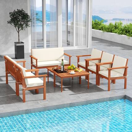 Front. Gymax - Gymax 8 Pieces Patio Furniture Set, Acacia Wood Porch Chairs w/ Table - White.