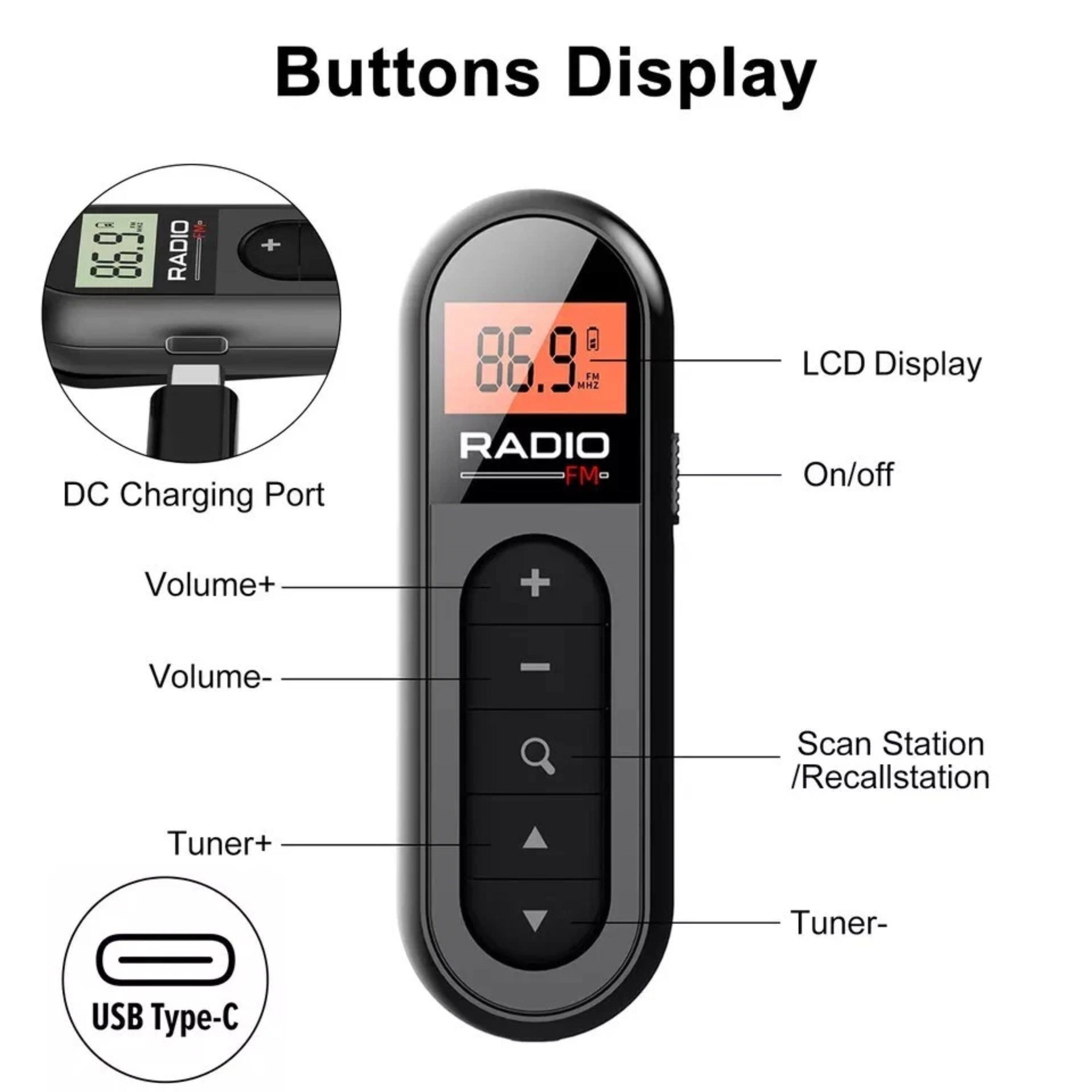 Buttons Display

- DC Charging Port
- LCD Display
- On/off
- Volume+
- Volume-
- Scan Station / Recallstation
- Tuner+
- Tuner-
- USB Type-C