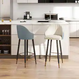 POVISON - 30" Modern Bar Stools Set of 2, Leather Bar Stools with Backs, Upholstered Bar Stools, Beige Bar Stools, Blue - Blue PU Leather