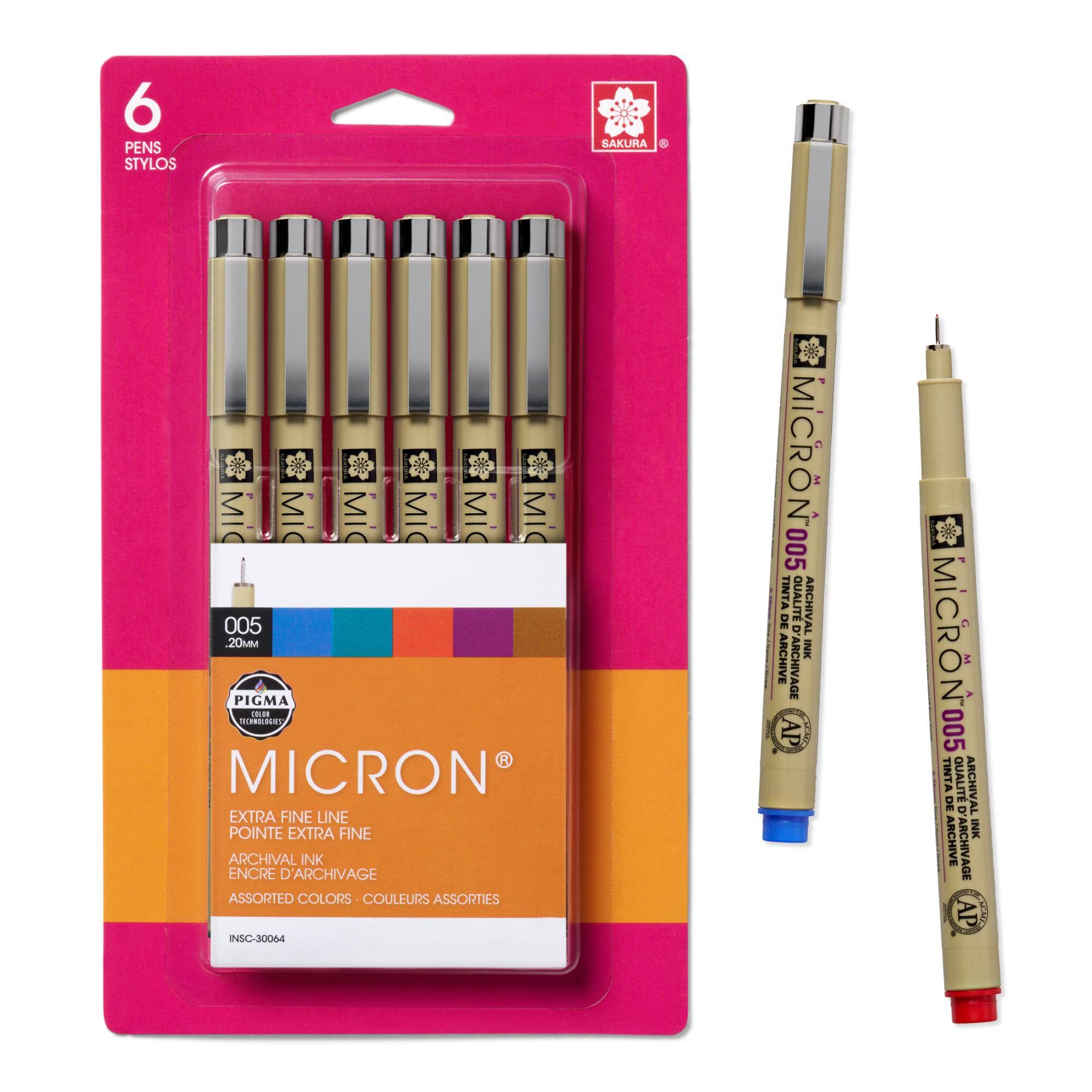 6 PENS STYLOS  
SAKURA  
WIC WIC MI MIC WIC MI 005 20MM PIGMA COLOR TECHNOLOGIES MICRON EXTRA FINE LINE POINTE EXTRA FINE ARCHIVAL NK ENCRE D'ARCHIVAGE ASSORTED COLORS COULEURS ASSORTIES INSC-30064  
005 MICRN 2- TINTA QUALIT ARCHIVAL DE ARCHIVE INK ARCHIVAGE AP  
Oz MICR Z 005 TINTA DE QUALIT ARCHIVAL D' ARCHIVE INK ARCHIVAGE AP